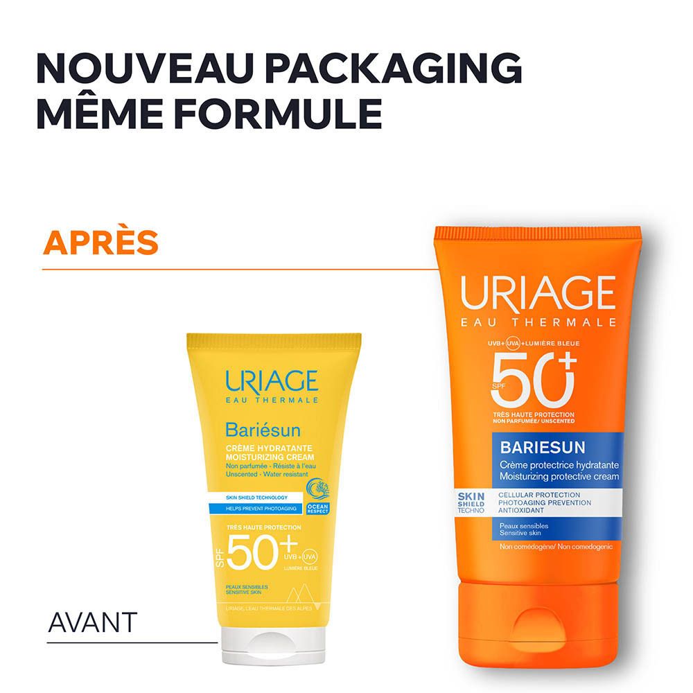 Avant-Après. Tube jaune et tube orange. URIAGE BARIÉSUN. Même formule.