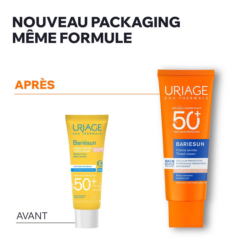 Comparaison avant-après. Texte: Nouveau packaging, même formule. Tube orange.