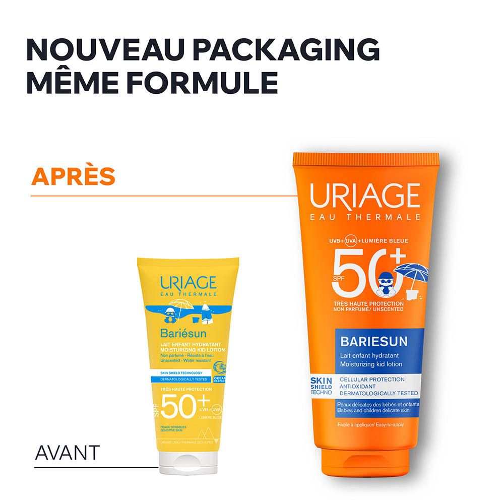 Comparaison avant-après. Uriage Bariesun Lait Enfants. Nouveau design d'emballage.