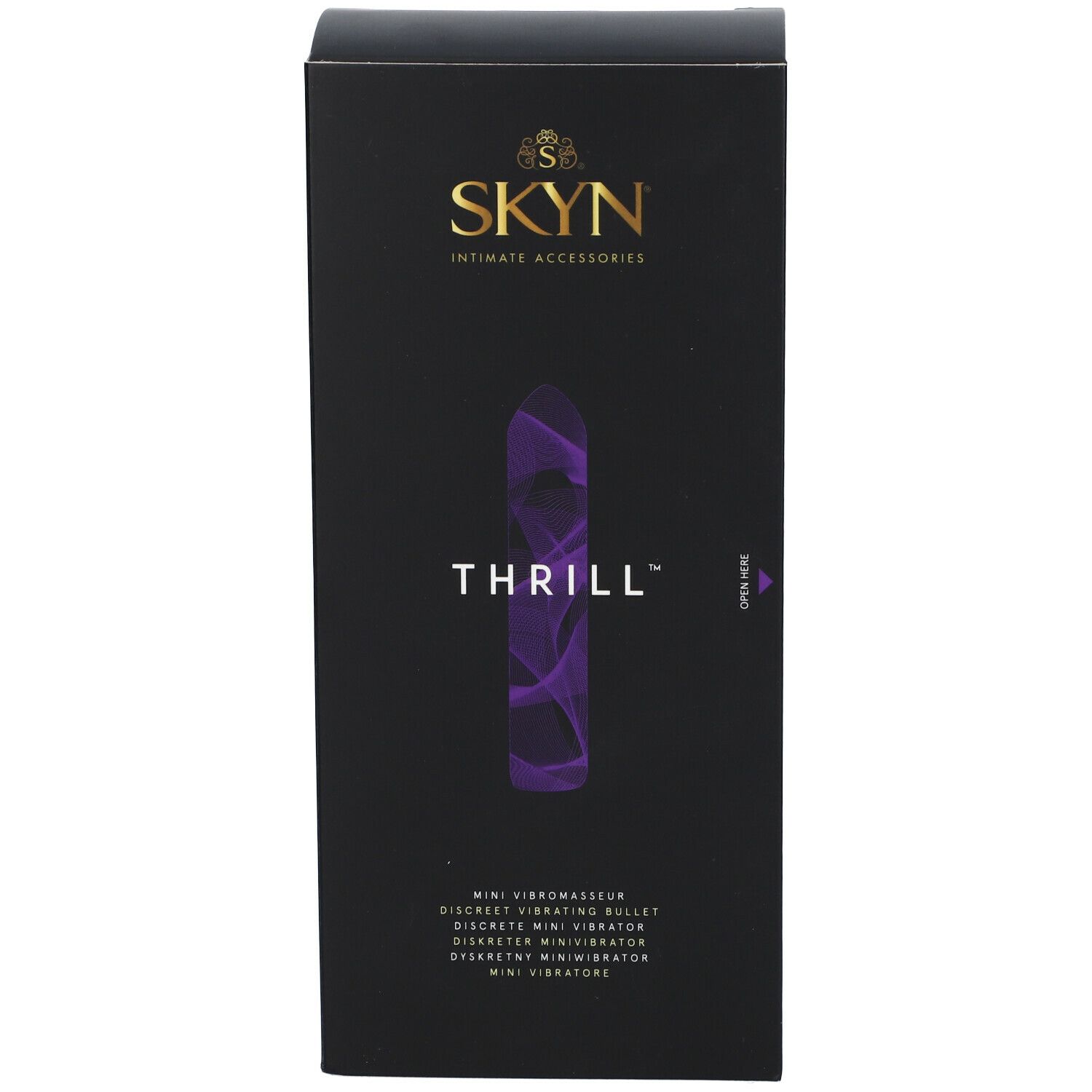 Emballage SKYN Thrill Mini-Vibromasseur. Boîte noire avec image du produit et texte Thrill. Marque SKYN.