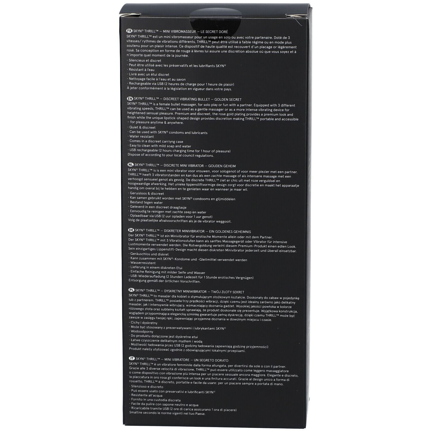 Dos de l'emballage SKYN Thrill. Boîte noire avec informations sur le produit en plusieurs langues.