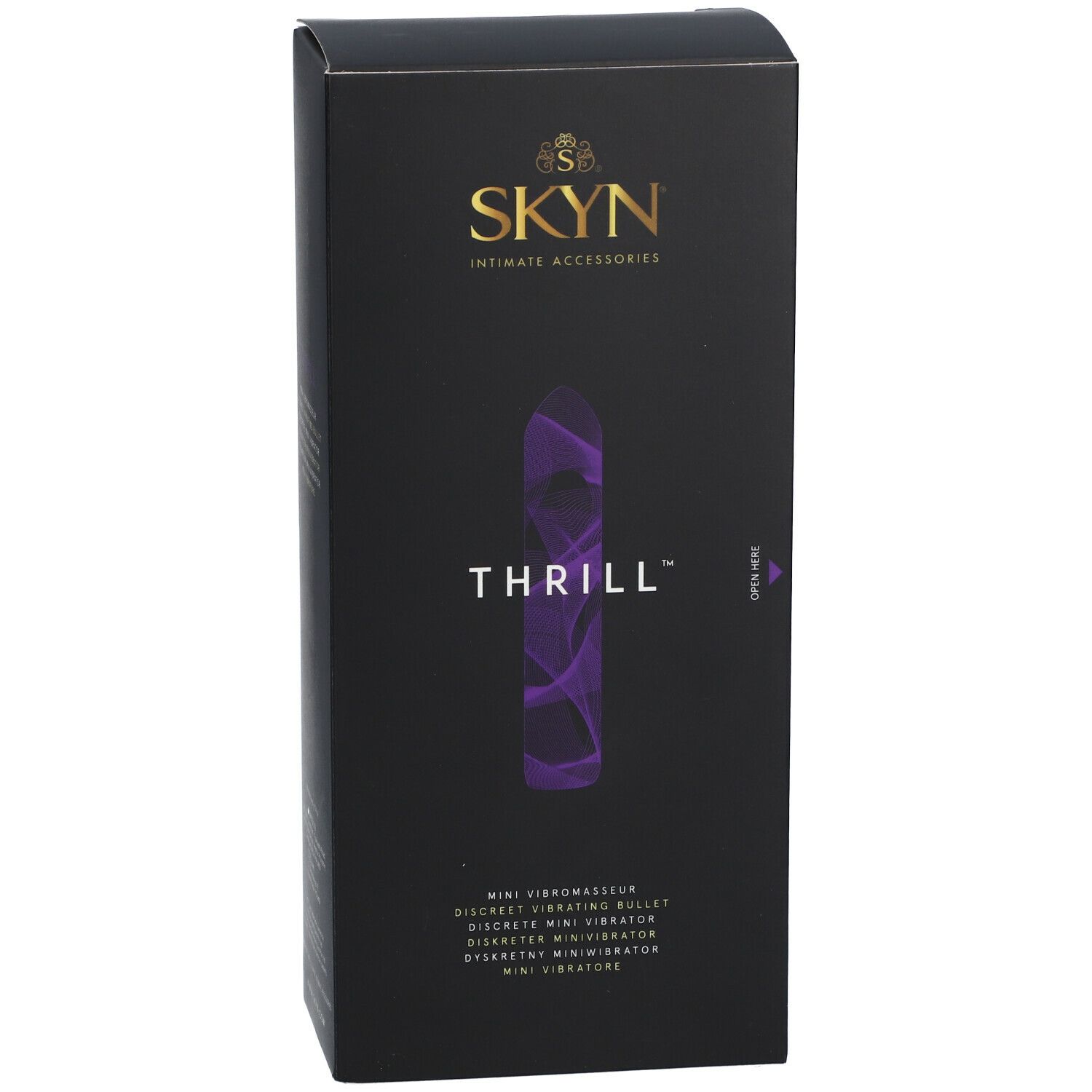 Emballage SKYN Thrill Mini-Vibromasseur. Boîte noire avec image du produit et texte Thrill. Marque SKYN.