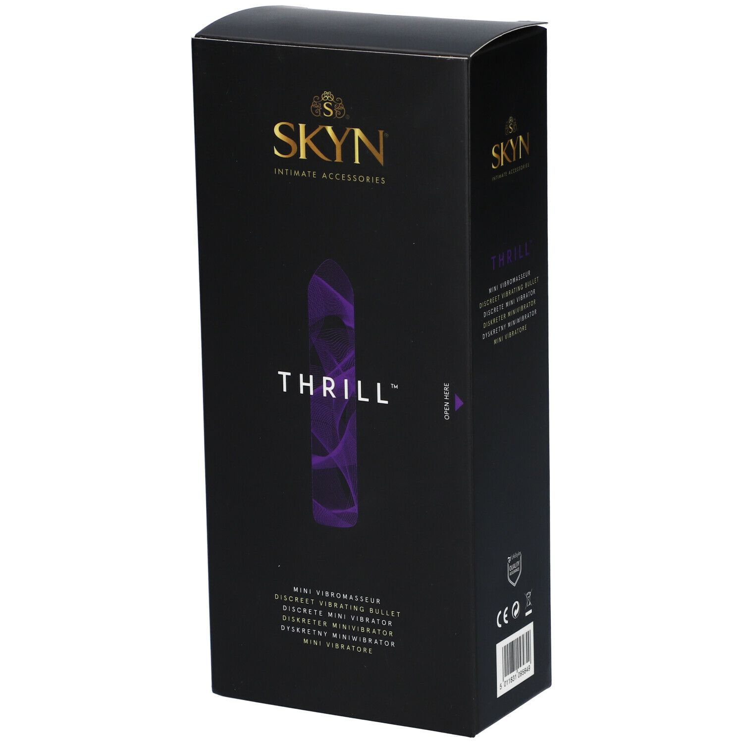 Emballage SKYN Thrill Mini-Vibromasseur. Boîte noire avec image du produit et texte Thrill. Marque SKYN.