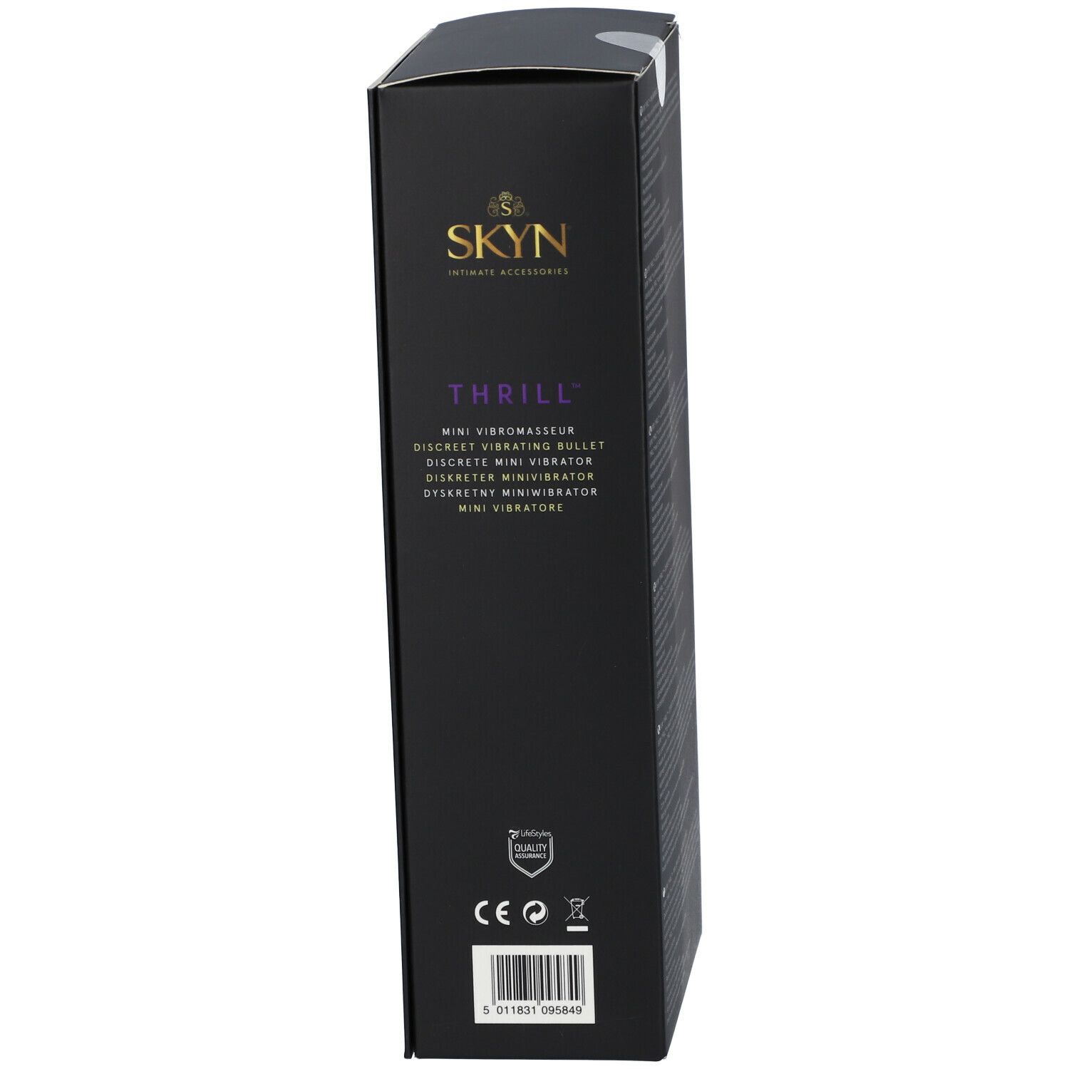 Vue latérale de l'emballage SKYN Thrill. Boîte noire avec informations sur le produit et texte Thrill. Marque SKYN.