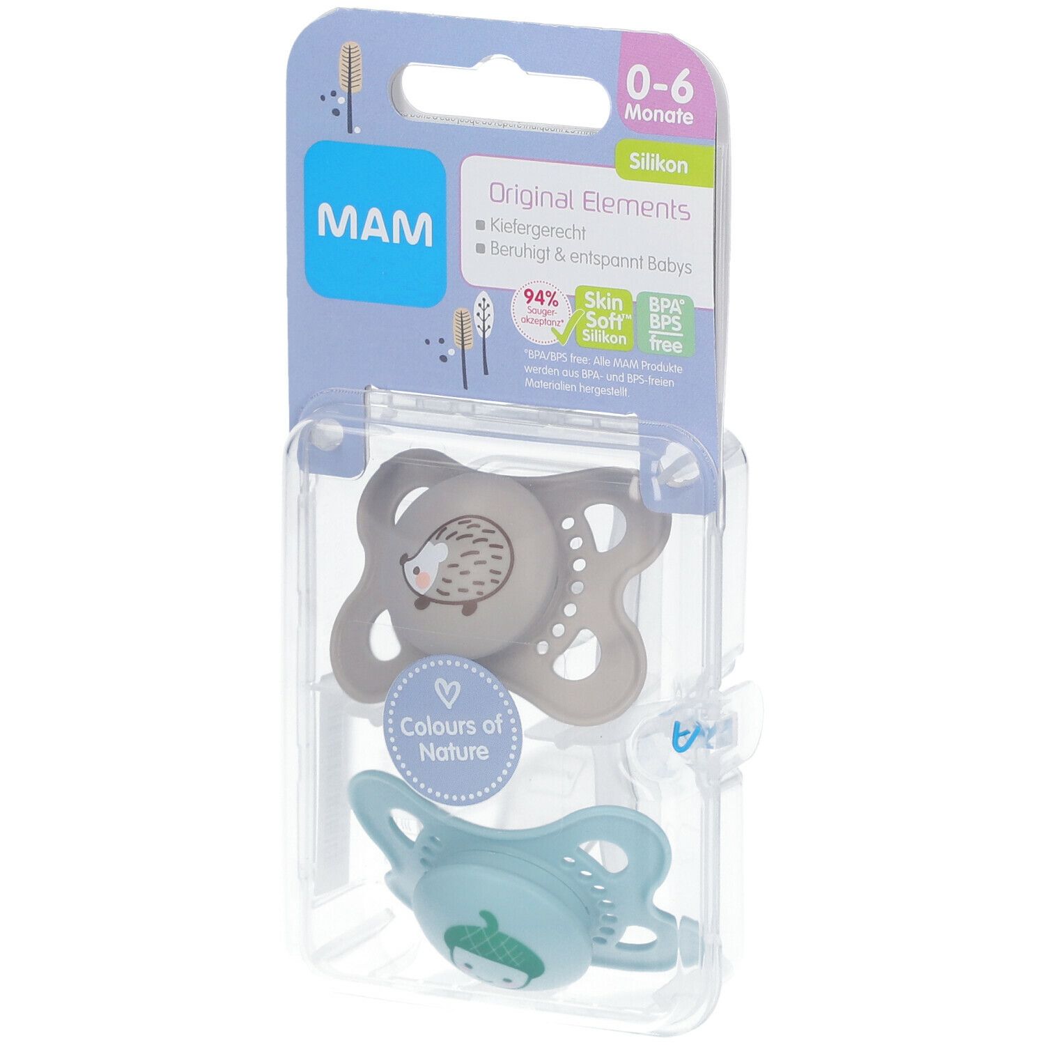 Zwei Schnuller in Verpackung. Grauer Schnuller mit Igel-Motiv, blauer Schnuller mit Gesicht. Verpackung mit MAM-Logo und Produktinformationen.