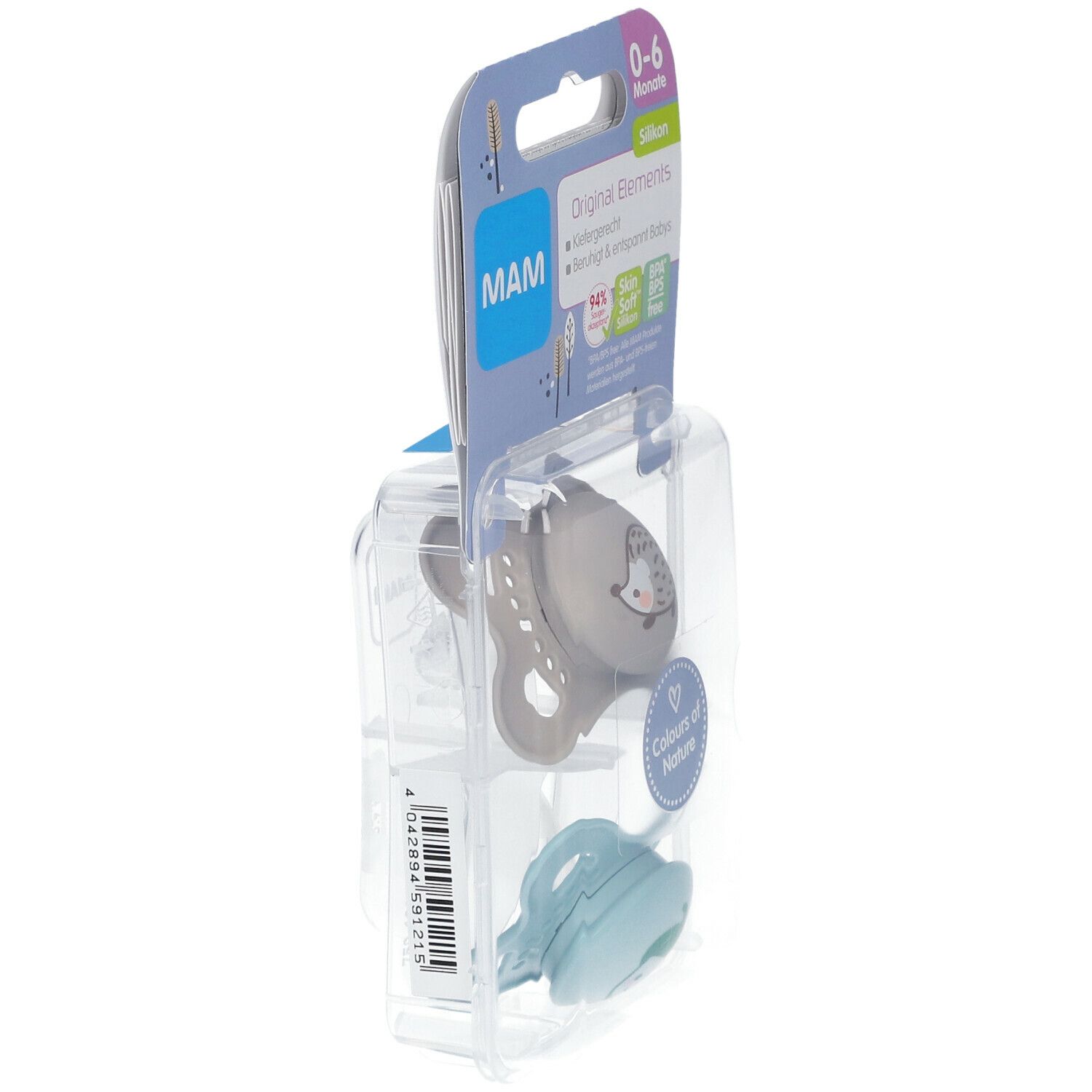 Verpackung mit zwei Schnullern, Seitenansicht. Grauer Schnuller mit Igel-Motiv, blauer Schnuller. MAM-Logo und Produktinformationen auf der Verpackung.