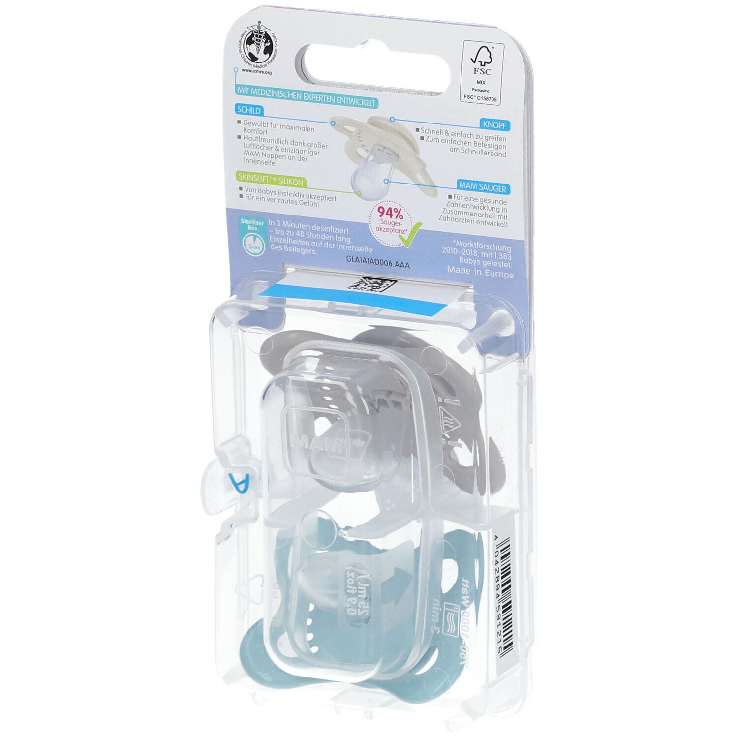 Rückseite der Verpackung mit zwei Schnullern. Informationen zu den Schnullern und MAM-Logo. Transparente Verpackung.