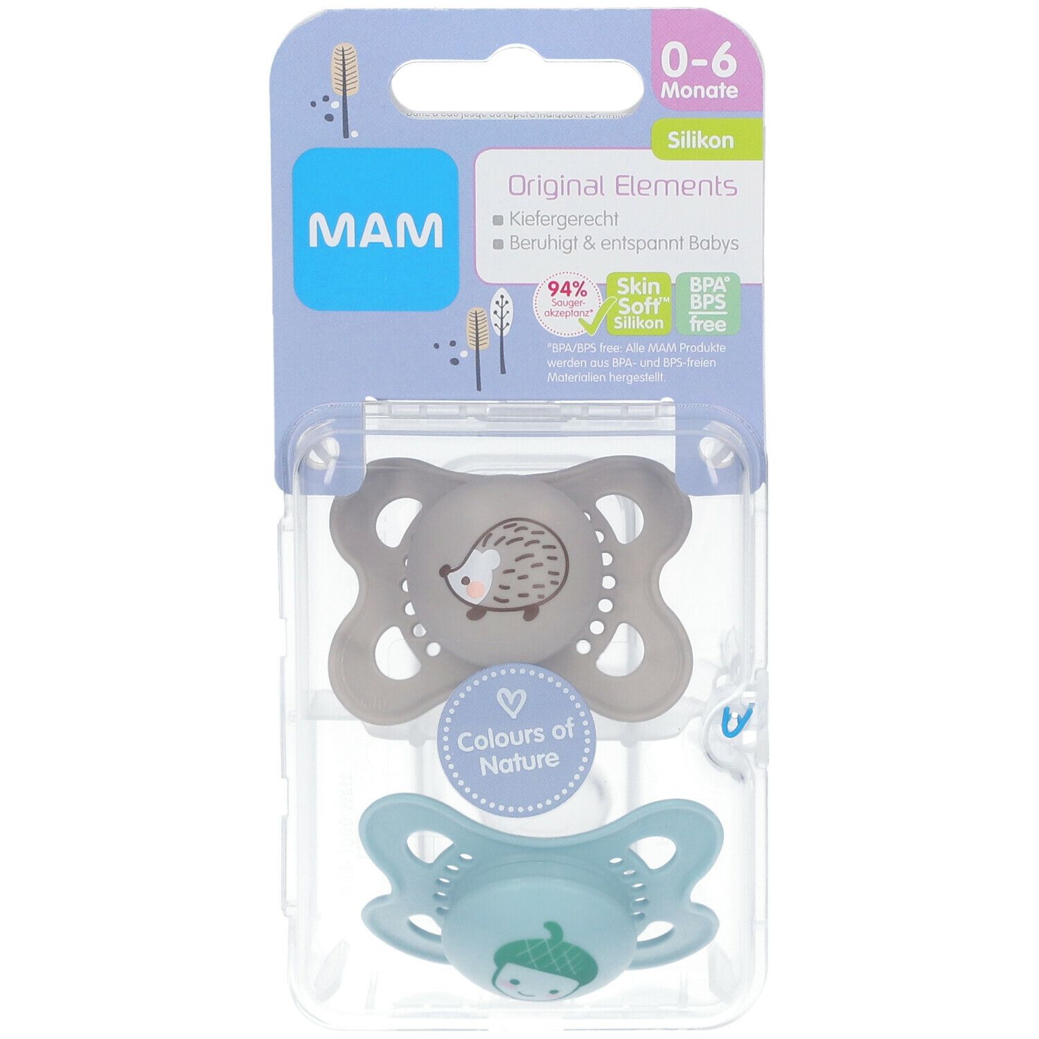 Zwei Schnuller in Verpackung. Grauer Schnuller mit Igel-Motiv, blauer Schnuller mit Gesicht. Verpackung mit MAM-Logo und Produktinformationen.