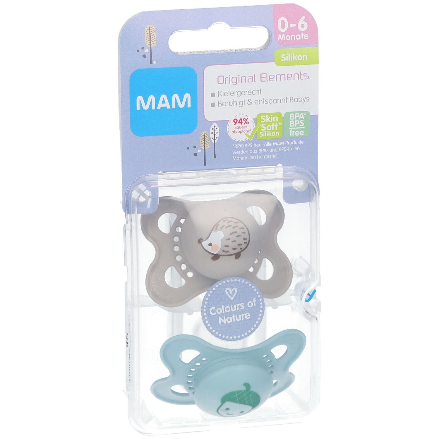 Zwei Schnuller in Verpackung. Grauer Schnuller mit Igel-Motiv, blauer Schnuller mit Gesicht. Verpackung mit MAM-Logo und Produktinformationen.