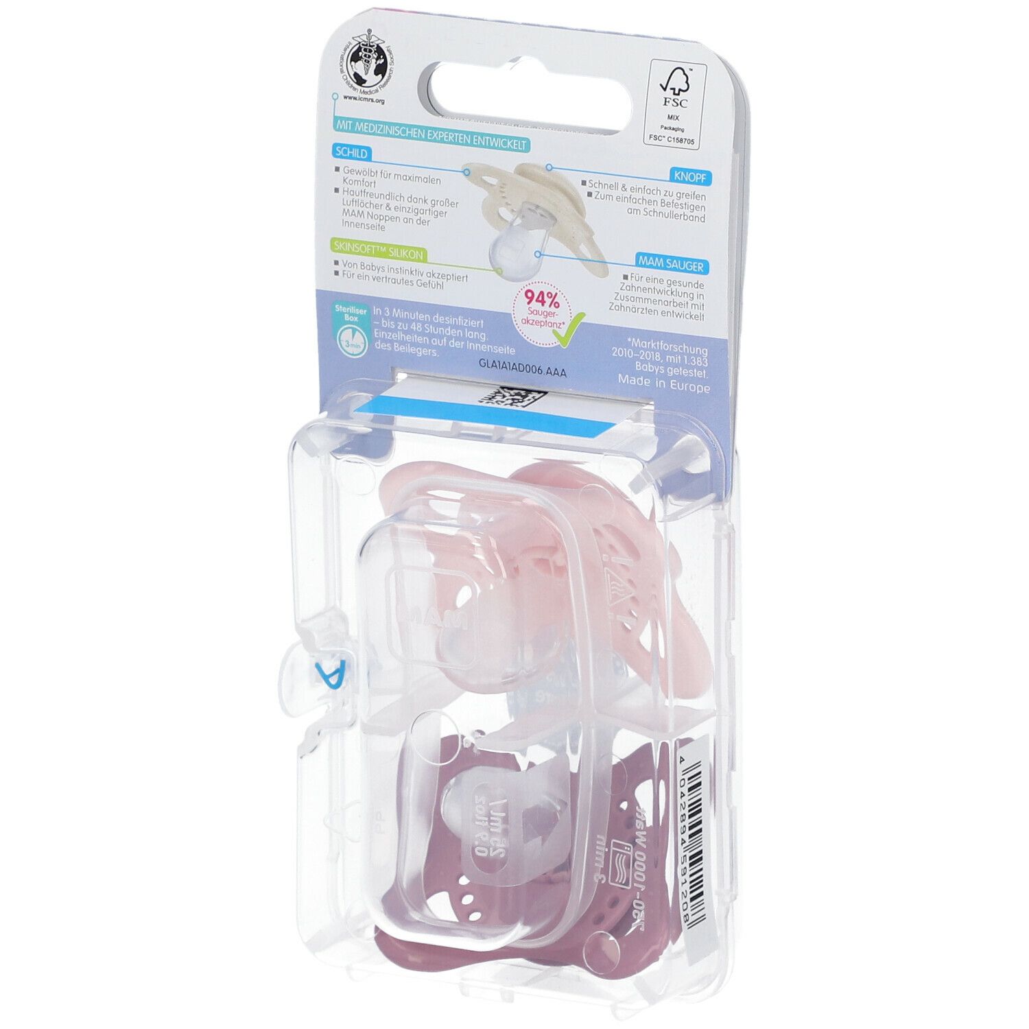 Deux sucettes dans un emballage. Sucette rose avec motif hibou, sucette violette. Marque MAM, Original Elements, 0-6 mois. Informations d'emballage.