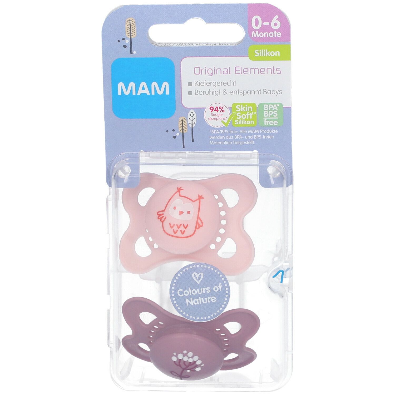 Deux sucettes dans un emballage. Sucette rose avec motif hibou, sucette violette. Marque MAM, Original Elements, 0-6 mois. Emballage.