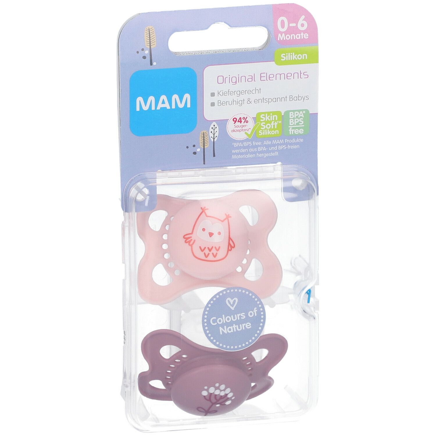 Deux sucettes dans un emballage. Sucette rose avec motif hibou, sucette violette. Marque MAM, Original Elements, 0-6 mois. Emballage.