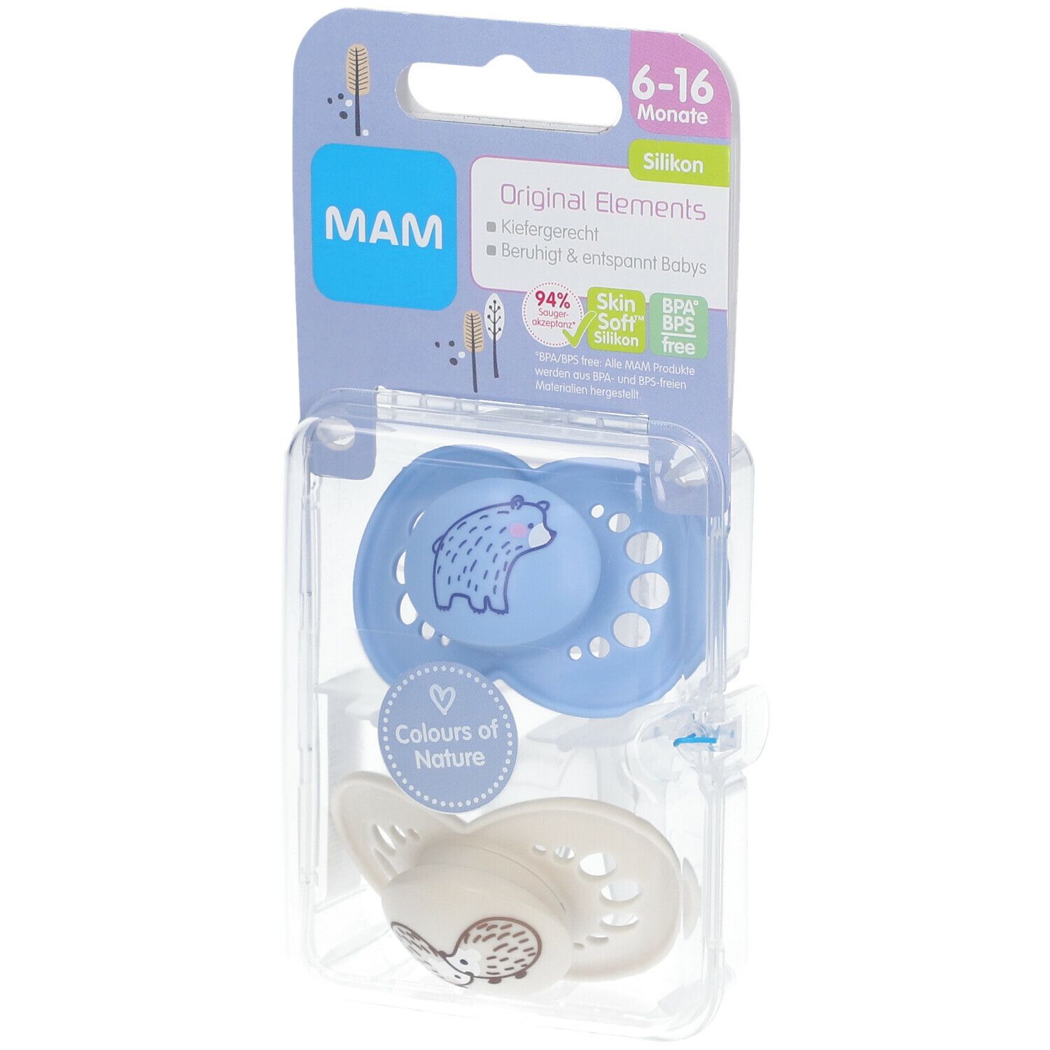 Ensemble de sucettes MAM en blister. Sucette bleue avec motif ours, sucette blanche avec motif hérisson. Recommandé pour les 6-16 mois.