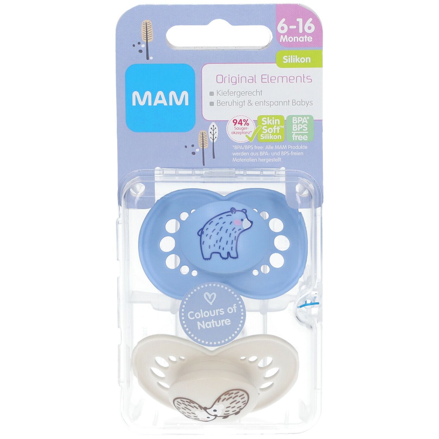 Ensemble de sucettes MAM en blister. Sucette bleue avec motif ours, sucette blanche avec motif hérisson. Recommandé pour les 6-16 mois.