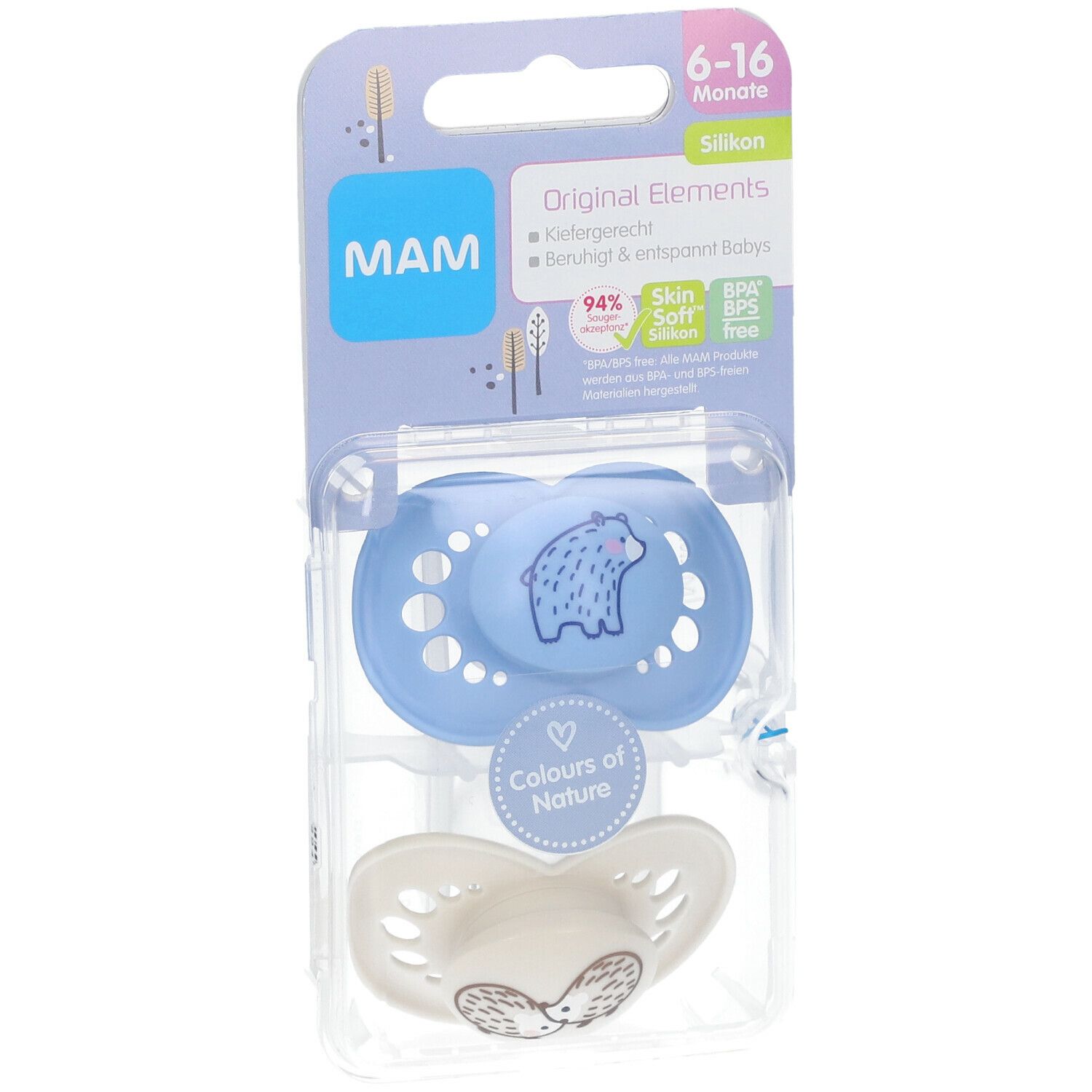 Ensemble de sucettes MAM en blister. Sucette bleue avec motif ours, sucette blanche avec motif hérisson. Recommandé pour les 6-16 mois.