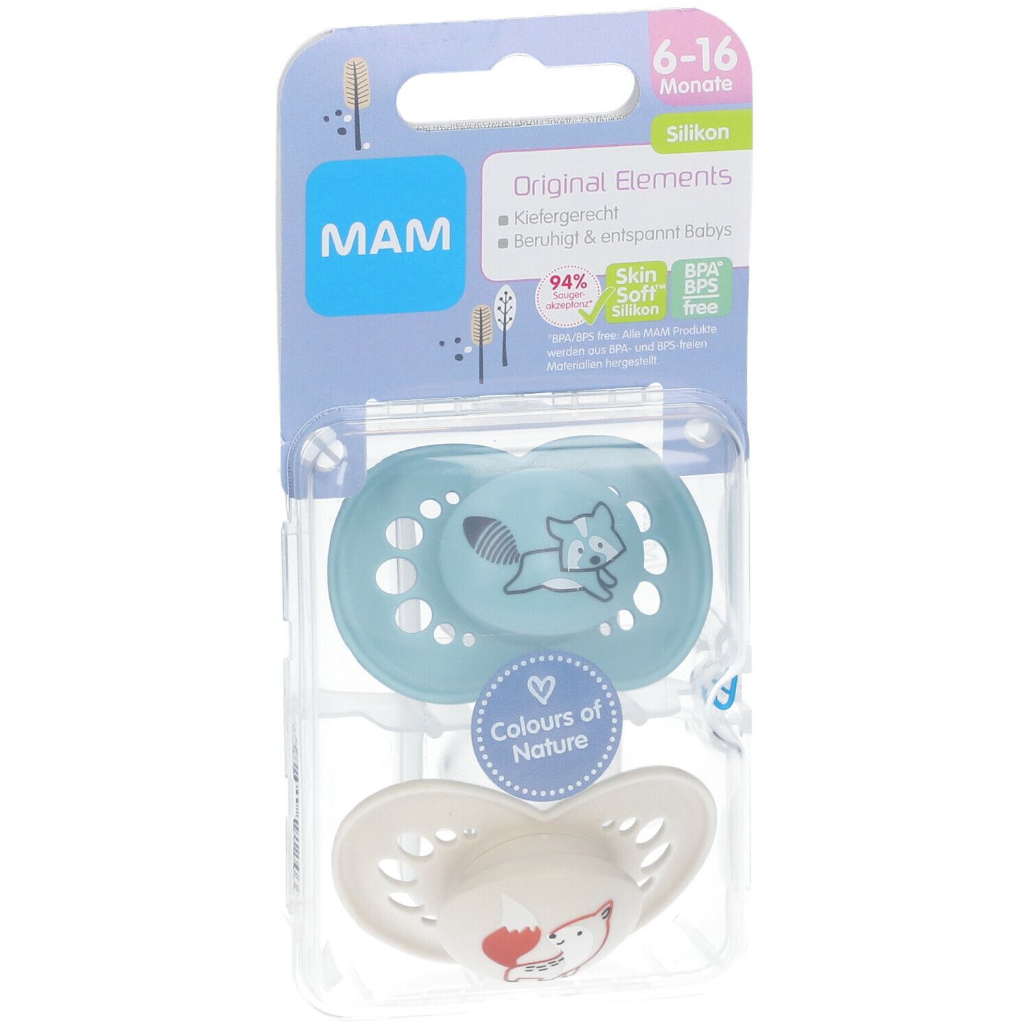 Zwei Schnuller in Verpackung. Marke MAM, 6-16 Monate. Blauer Schnuller mit Tier-Motiv und weißer Schnuller mit Fuchs.