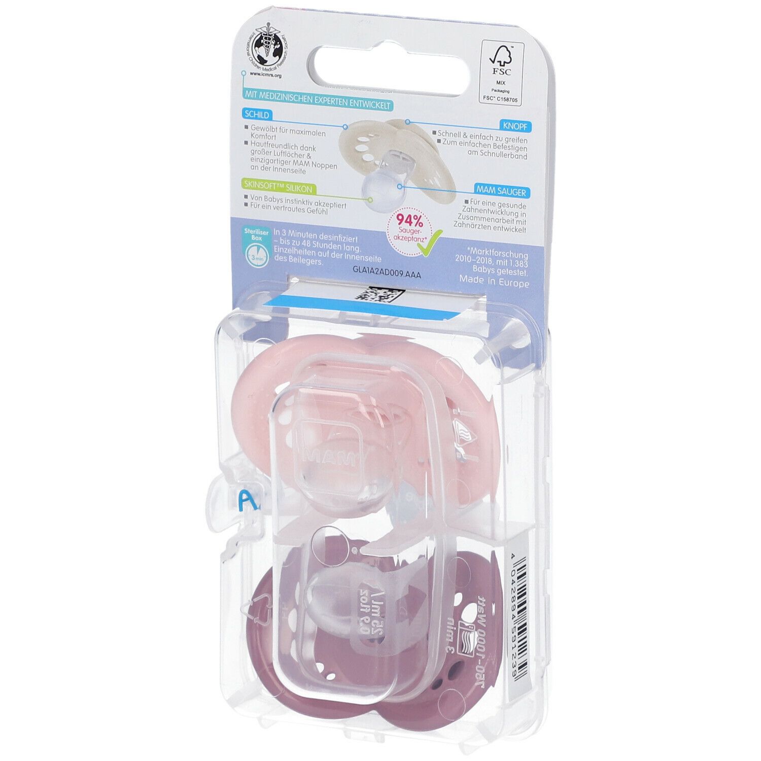Verpackung mit zwei Schnullern. Rosa Schnuller, lila Schnuller. Marke MAM, Original Elements, 6-16 Monate. FSC-Zertifizierung.