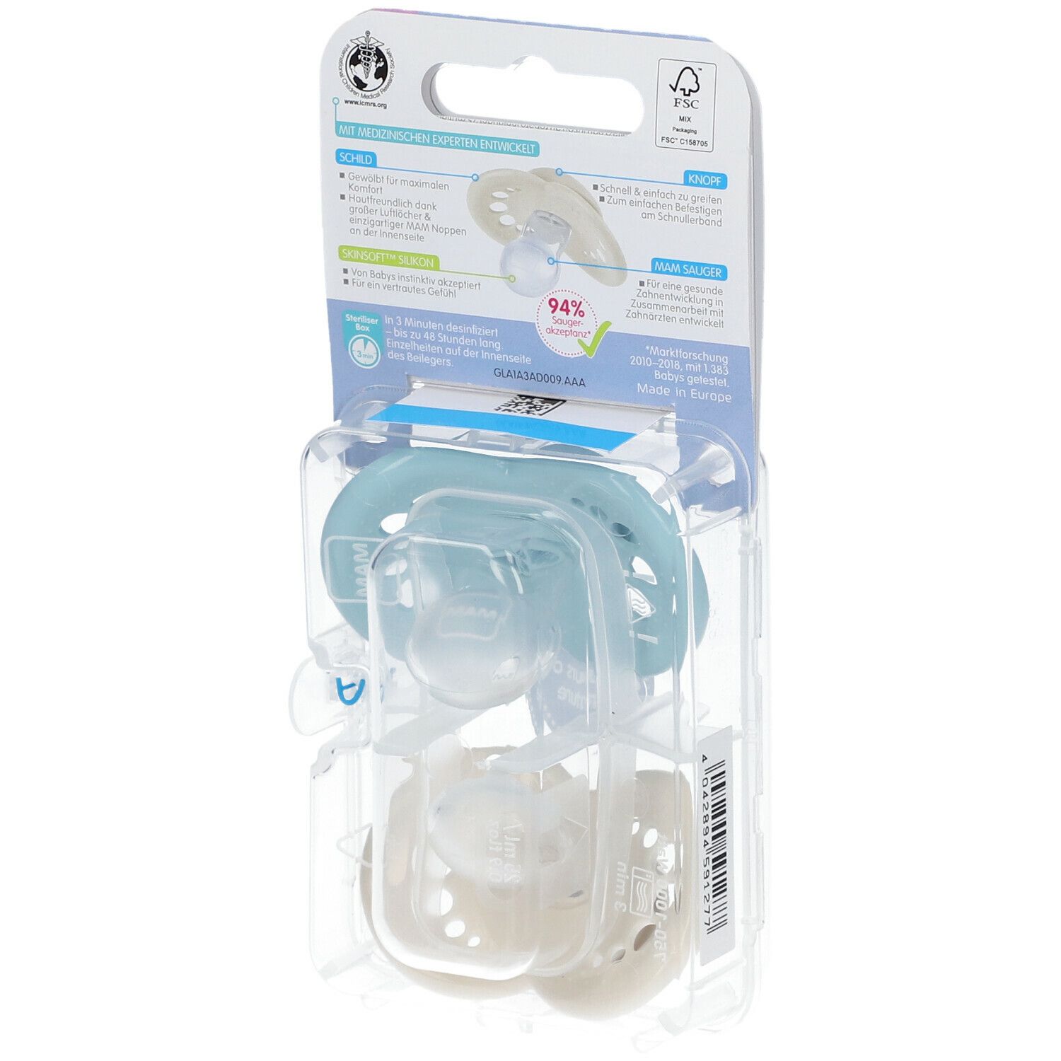 Rückseite der Verpackung mit Schnullern. Hellblauer und weißer Schnuller sichtbar. Informationen und Logos auf der Verpackung, darunter MAM-Logo.
