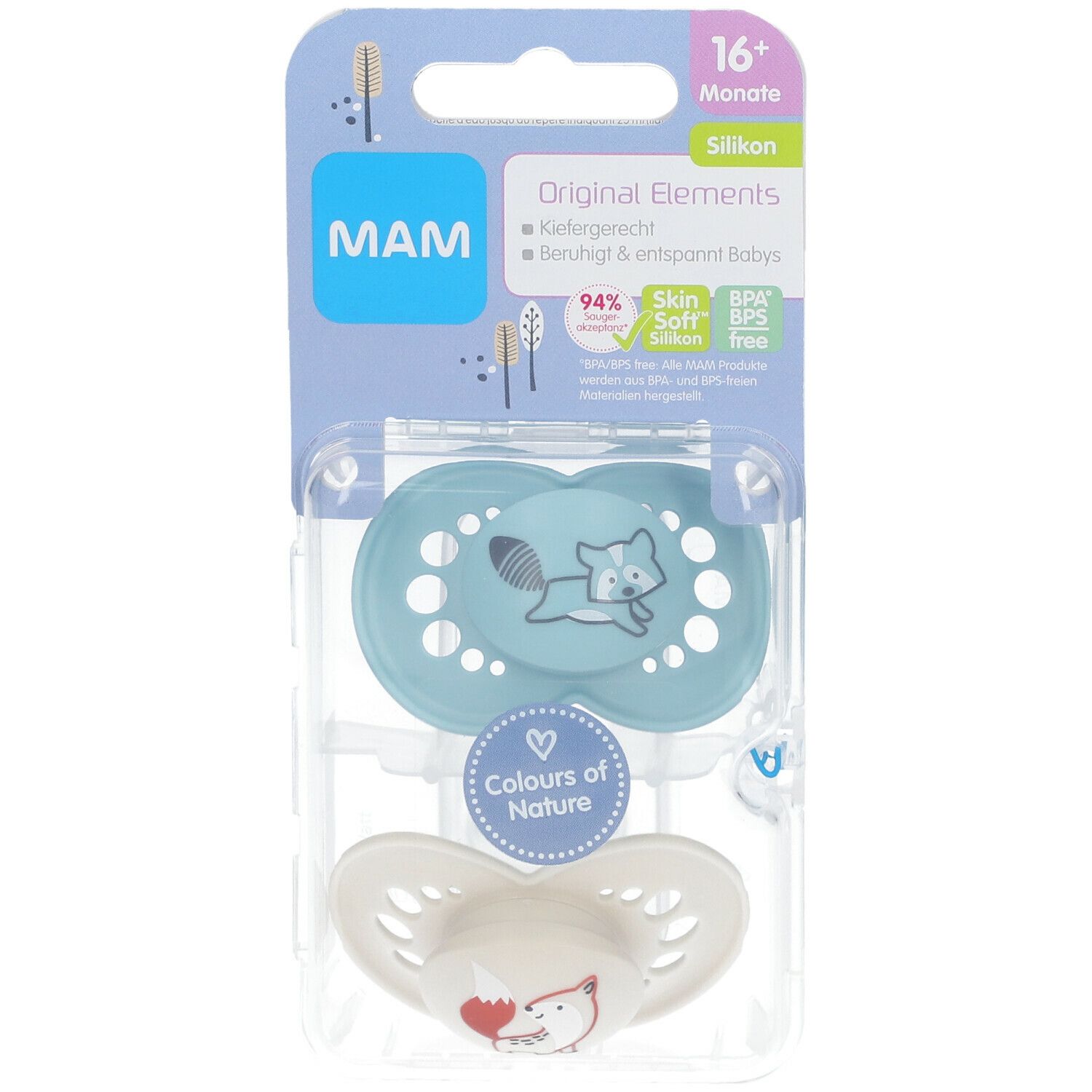 Schnuller in Verpackung. Hellblauer Schnuller mit Fuchs-Motiv, weißer Schnuller darunter. Verpackung mit MAM-Logo und Produktbezeichnung.