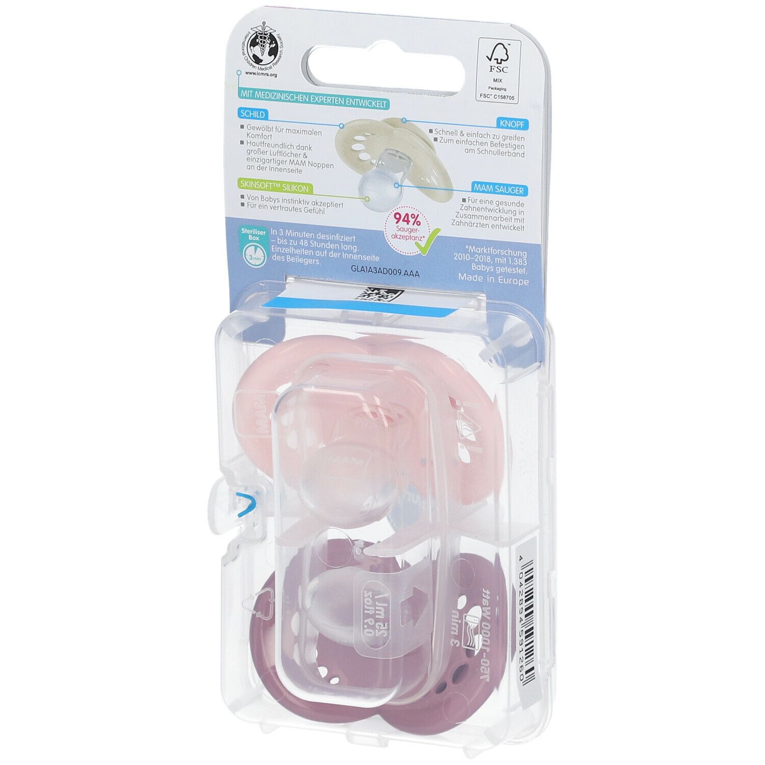 Rückseite der MAM Original Elements Schnuller-Verpackung. Produktinformationen, Zertifizierungen und Details zu den Schnullern sind sichtbar.