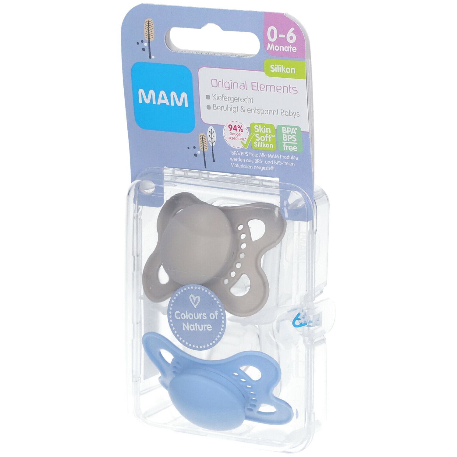 Zwei Schnuller in Verpackung. Marke MAM, 0-6 Monate. Silikon, grau und blau. Verpackung mit Produktinformationen.