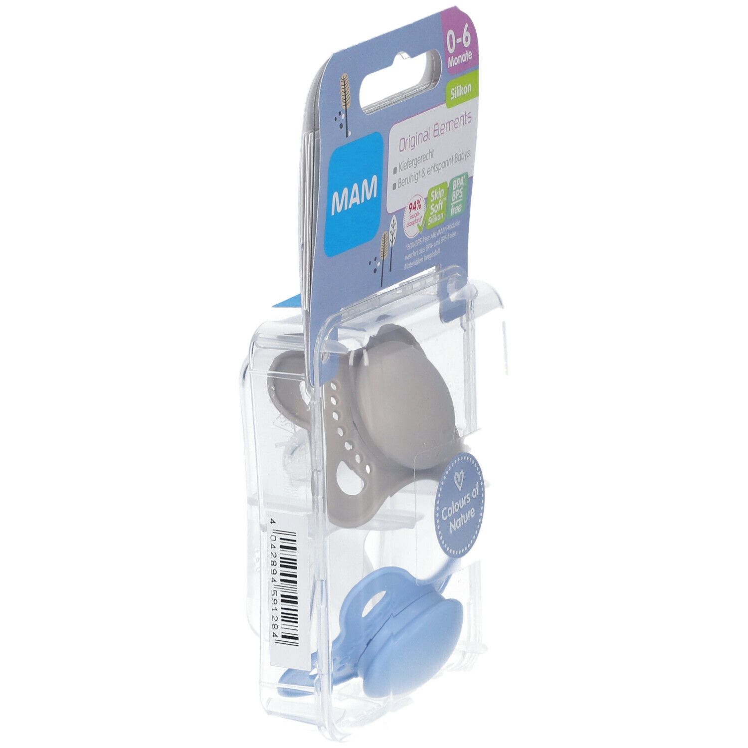 Verpackung mit zwei Schnullern. Marke MAM, 0-6 Monate. Silikon, grau und blau. Ansicht von der Seite.