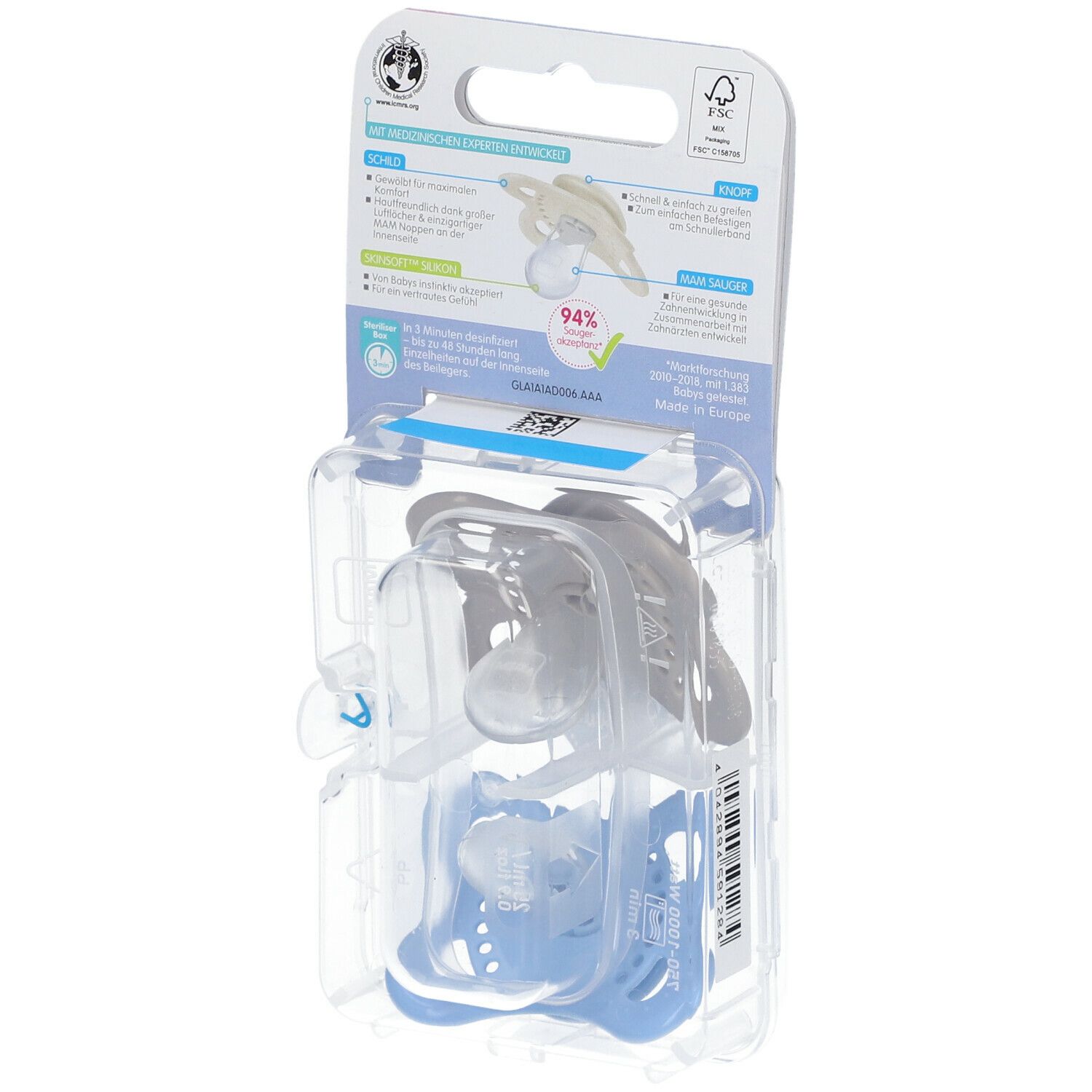 Rückseite der Verpackung mit zwei Schnullern. Marke MAM, 0-6 Monate. Produktinformationen und Zertifizierungen.