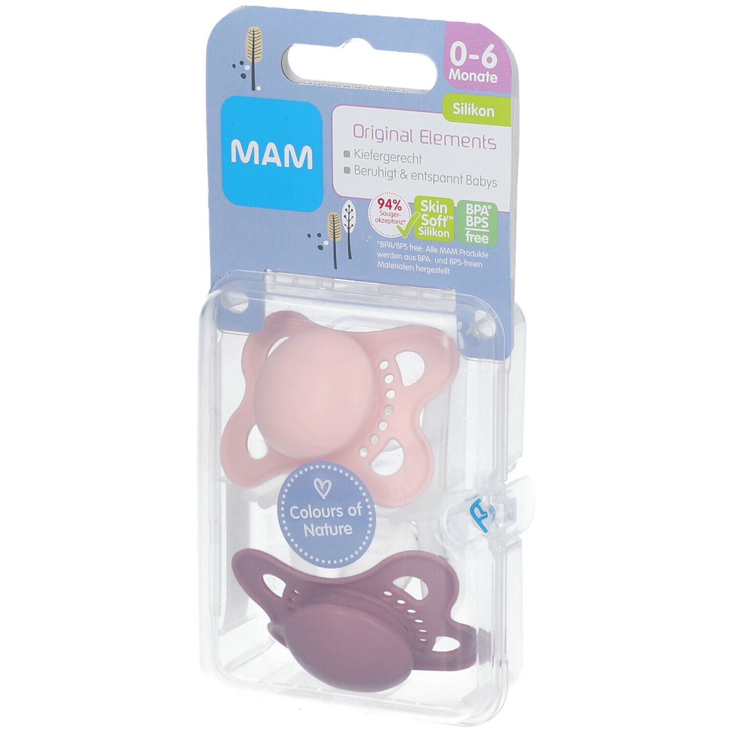 Zwei Schnuller in Verpackung. Rosa und lila Silikon-Schnuller. Verpackung mit Produktinformationen und MAM-Logo.