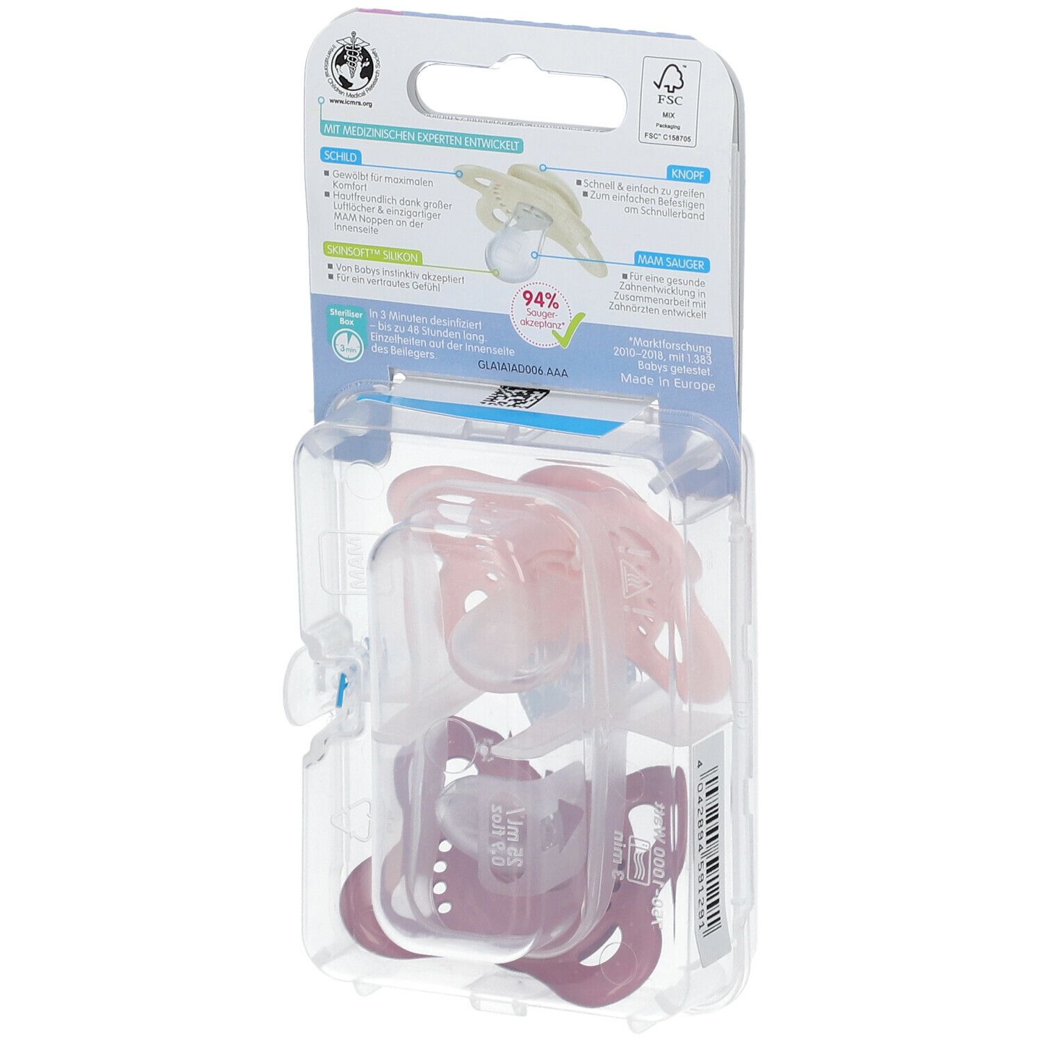 Verpackung mit zwei Schnullern. Rosa und lila Schnuller. Rückseite der Verpackung mit Produktinformationen und Zertifizierungen.