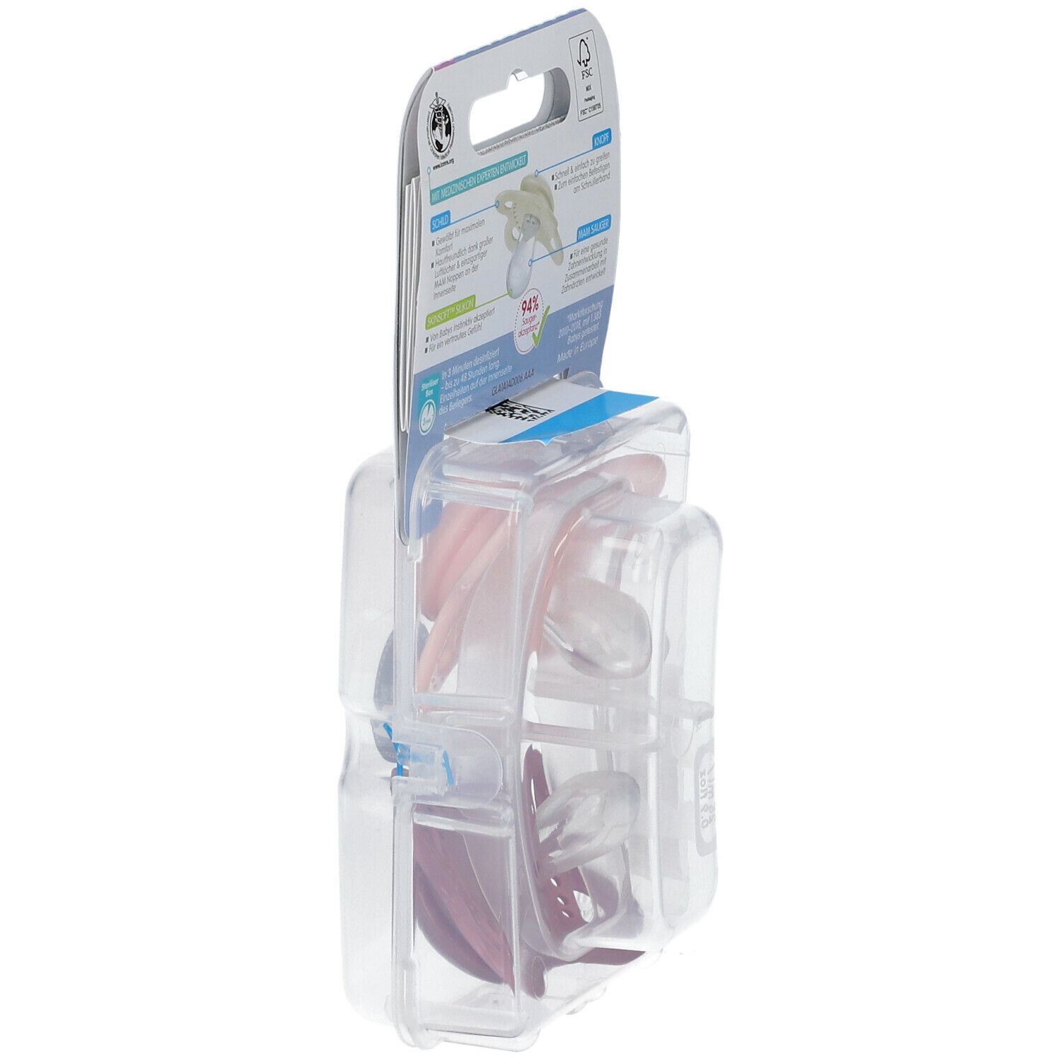 Seitenansicht der Verpackung mit zwei Schnullern. Rosa und lila Schnuller in transparenter Kunststoffverpackung.