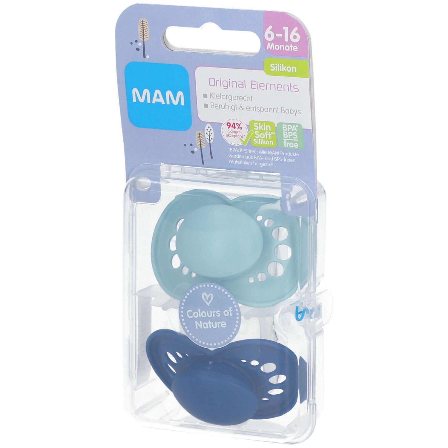 Zwei Schnuller in Verpackung. Hellblauer und dunkelblauer Silikon-Schnuller. Verpackung mit Produktinformationen.