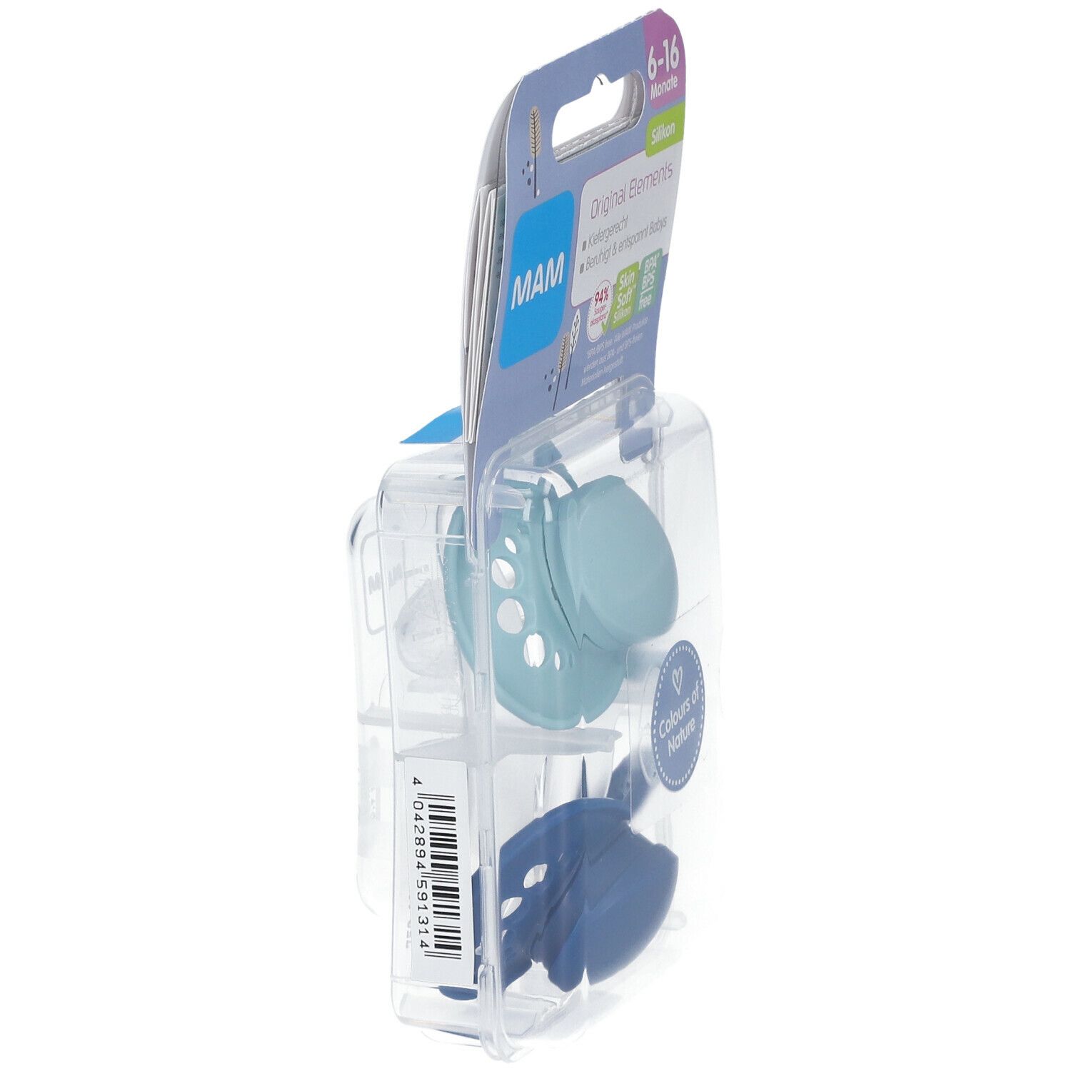 Verpackte Schnuller, Seitenansicht. Hellblauer und dunkelblauer Silikon-Schnuller. Verpackung mit Produktinformationen.