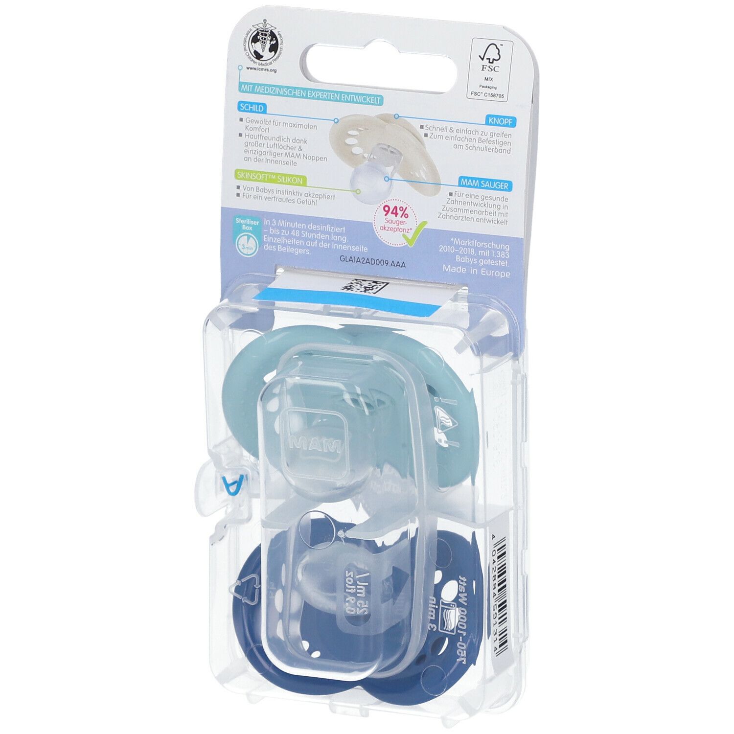 Rückseite der Verpackung mit zwei Schnullern. Hellblauer und dunkelblauer Silikon-Schnuller. Produktinformationen.