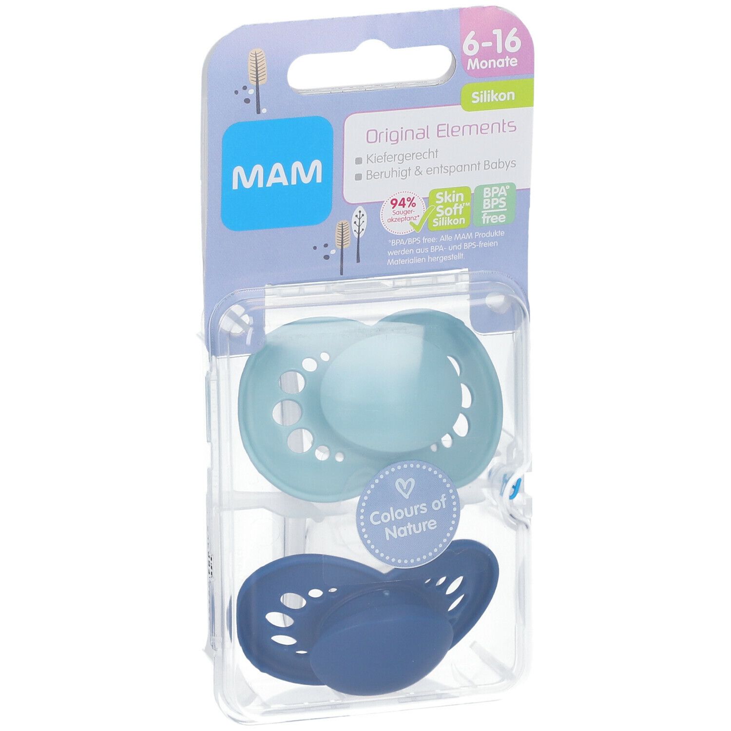 Zwei Schnuller in Verpackung. Hellblauer und dunkelblauer Silikon-Schnuller. Verpackung mit Produktinformationen.