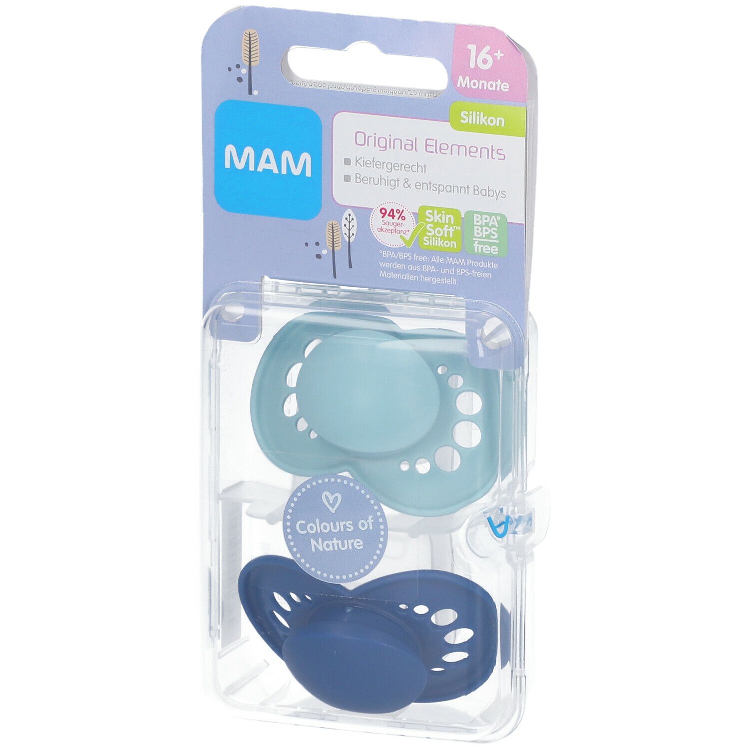 Deux sucettes dans un emballage. Sucettes en silicone bleu clair et bleu foncé. Emballage avec logo MAM et nom du produit.