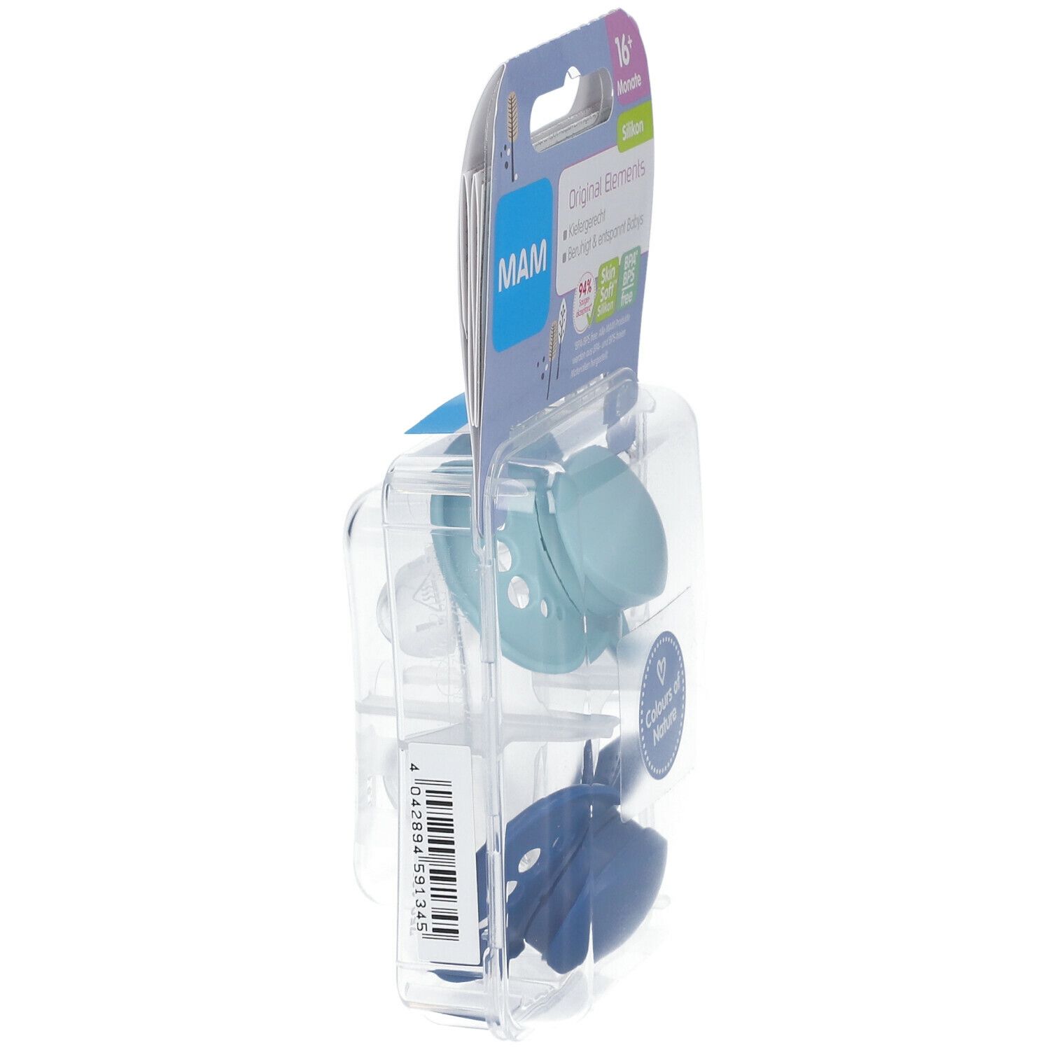 Vue latérale de l'emballage avec deux sucettes. Sucettes en silicone bleu clair et bleu foncé. Logo MAM et nom du produit.