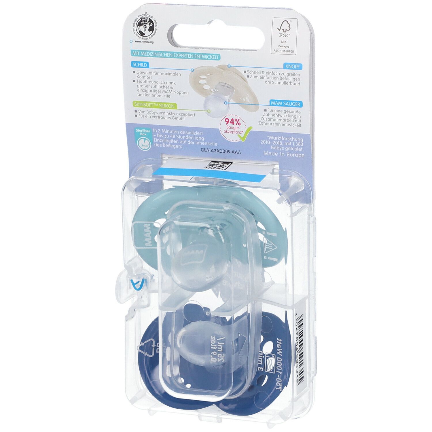 Dos de l'emballage avec deux sucettes. Sucettes en silicone bleu clair et bleu foncé. Logo MAM et nom du produit.