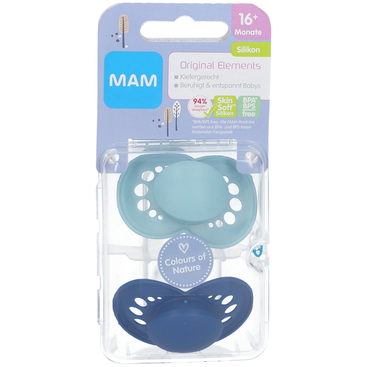 Deux sucettes dans un emballage. Sucettes en silicone bleu clair et bleu foncé. Emballage avec logo MAM et nom du produit.