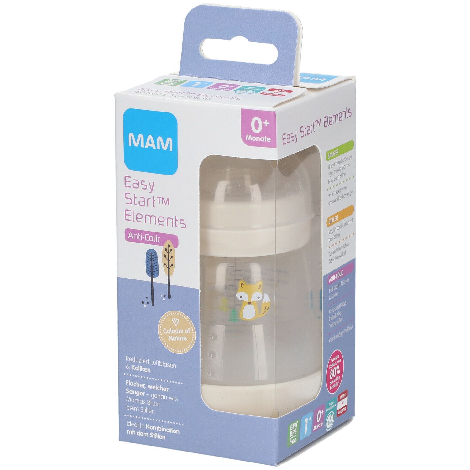 Biberon MAM Easy Start™ Elements Anti-Colic dans son emballage. Visible : biberon, couvercle, tétine, illustrations.