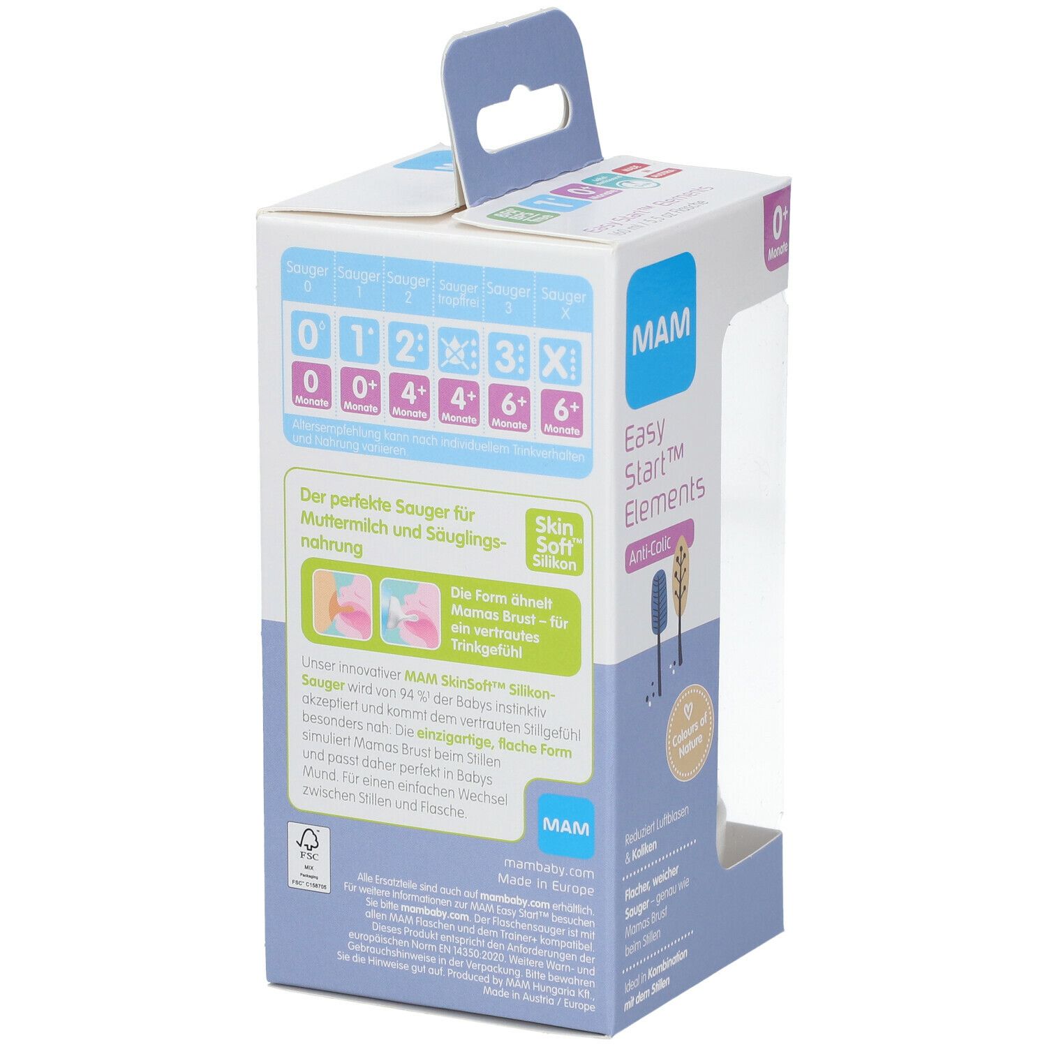 Dos de l'emballage du biberon MAM Easy Start™ Elements. Informations sur les tétines et les biberons.