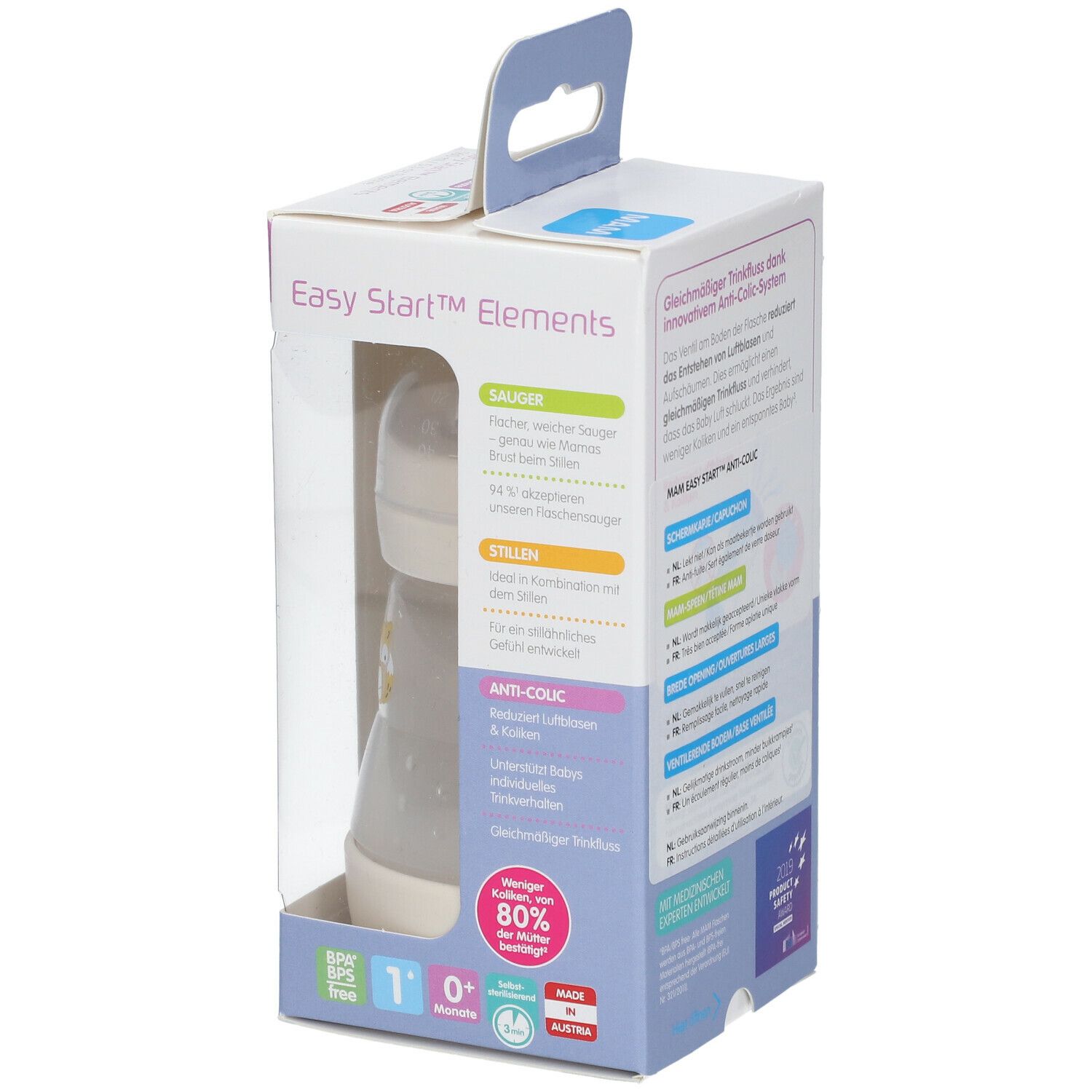 Biberon MAM Easy Start™ Elements Anti-Colic dans son emballage. Visible : biberon, couvercle, tétine, texte.