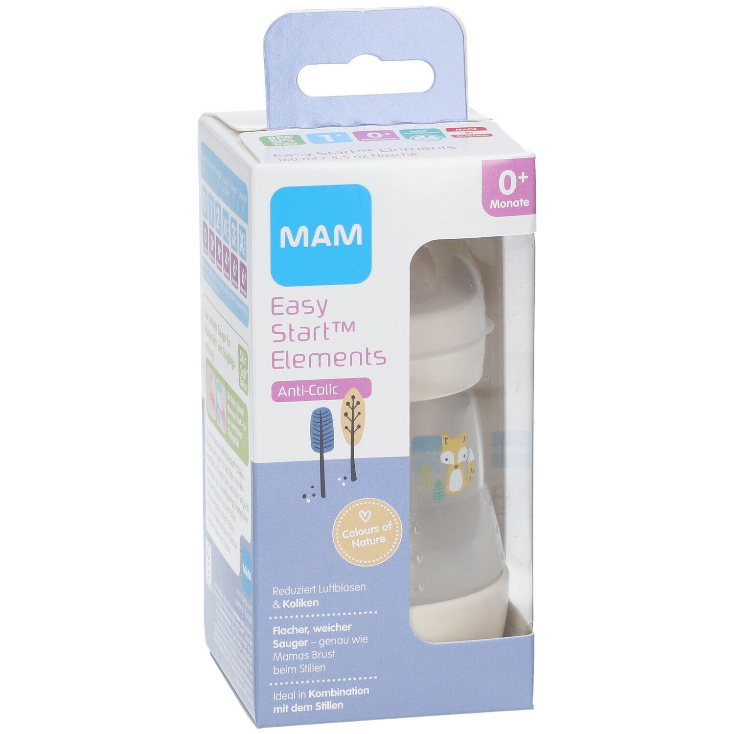Biberon MAM Easy Start™ Elements Anti-Colic dans son emballage. Visible : biberon, couvercle, tétine, illustrations.