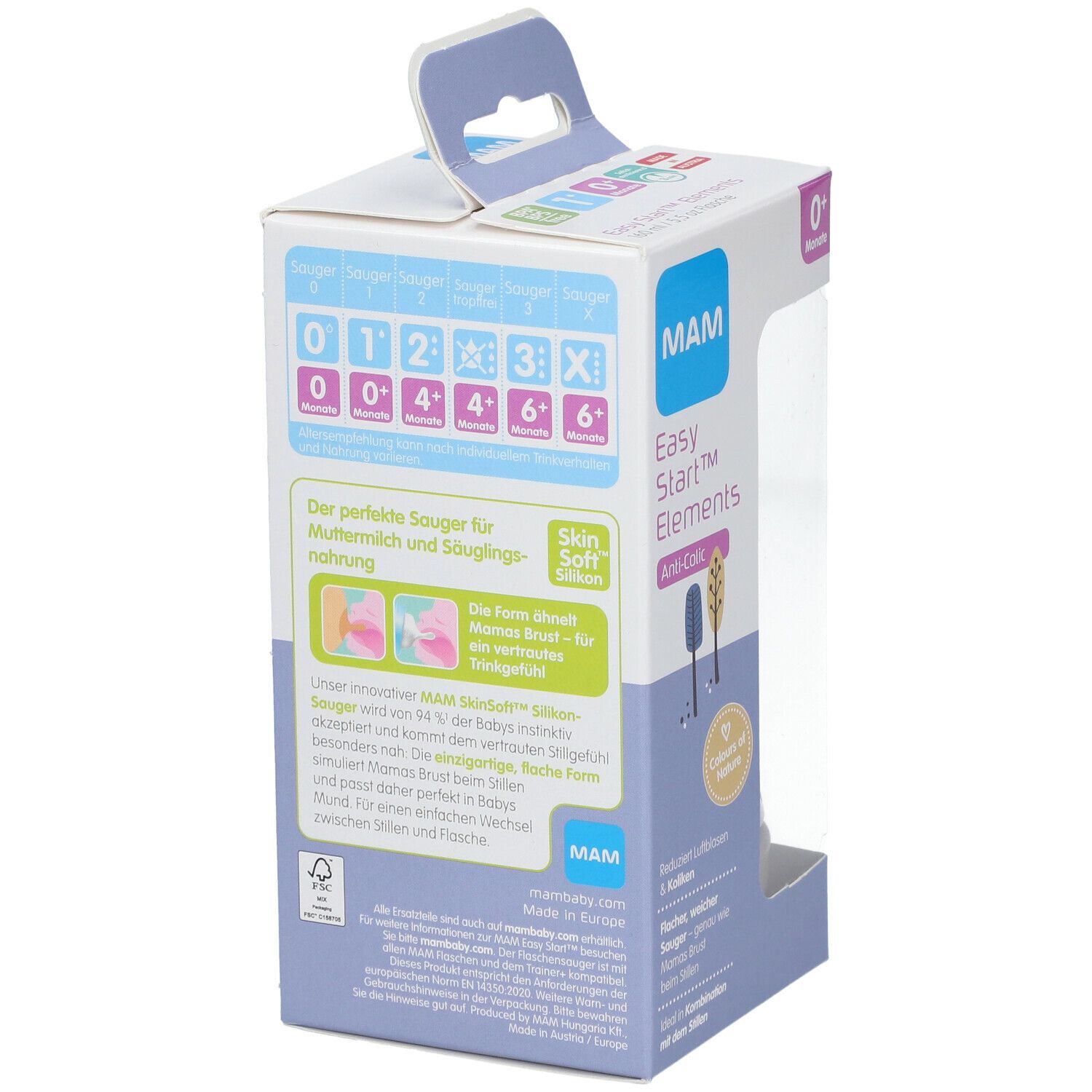 Dos de l'emballage du biberon MAM Easy Start™ Anti-Colic. Informations sur les tétines et les âges recommandés.