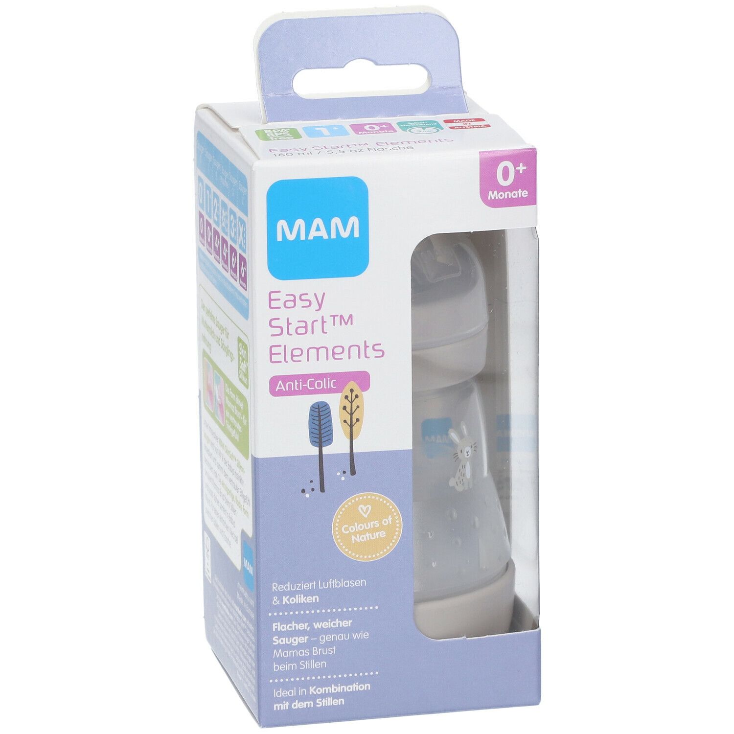 Biberon MAM Easy Start™ Anti-Colic dans son emballage. Visible : biberon, tétine, boîte avec nom et âge.