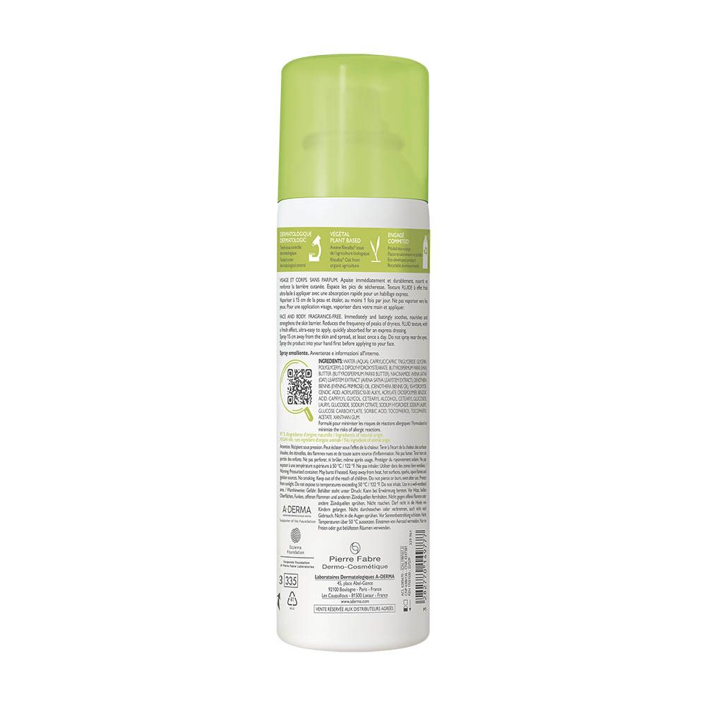 Spray A-DERMA EXOMEGA CONTROL. Dos du flacon avec texte. Code QR et informations. Bouchon vert.
