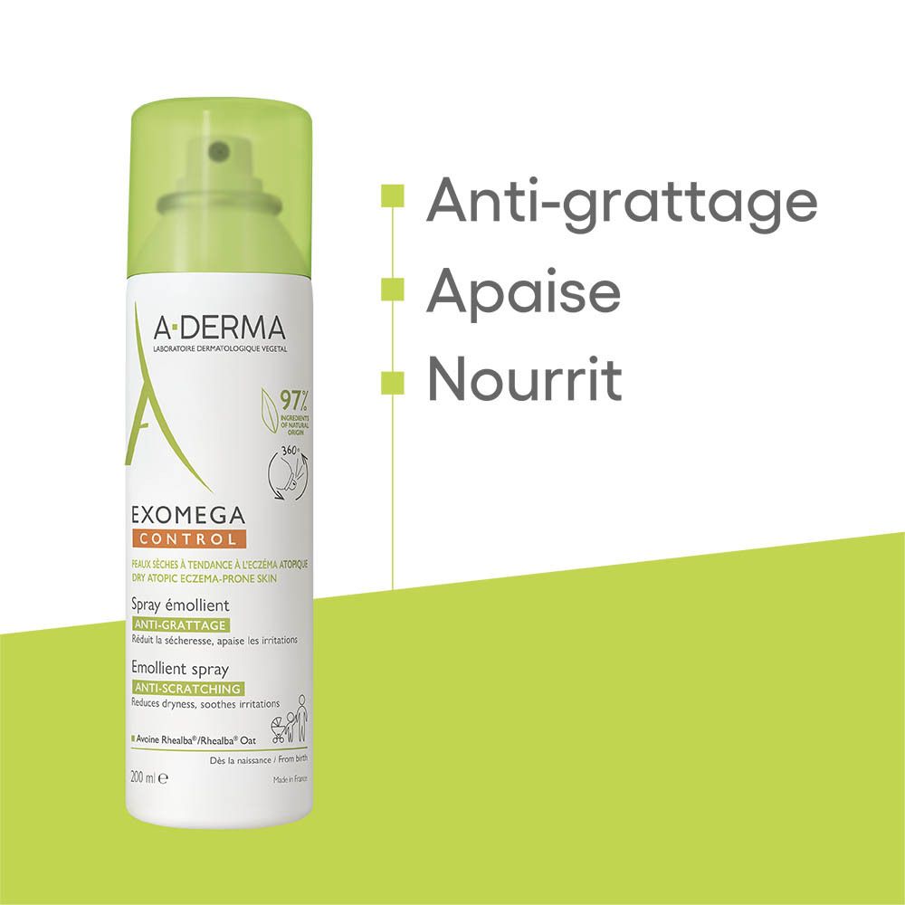 Spray A-DERMA EXOMEGA CONTROL. Flacon spray avec bouchon vert. Inscription: EXOMEGA CONTROL, anti-grattage, 97% naturel.