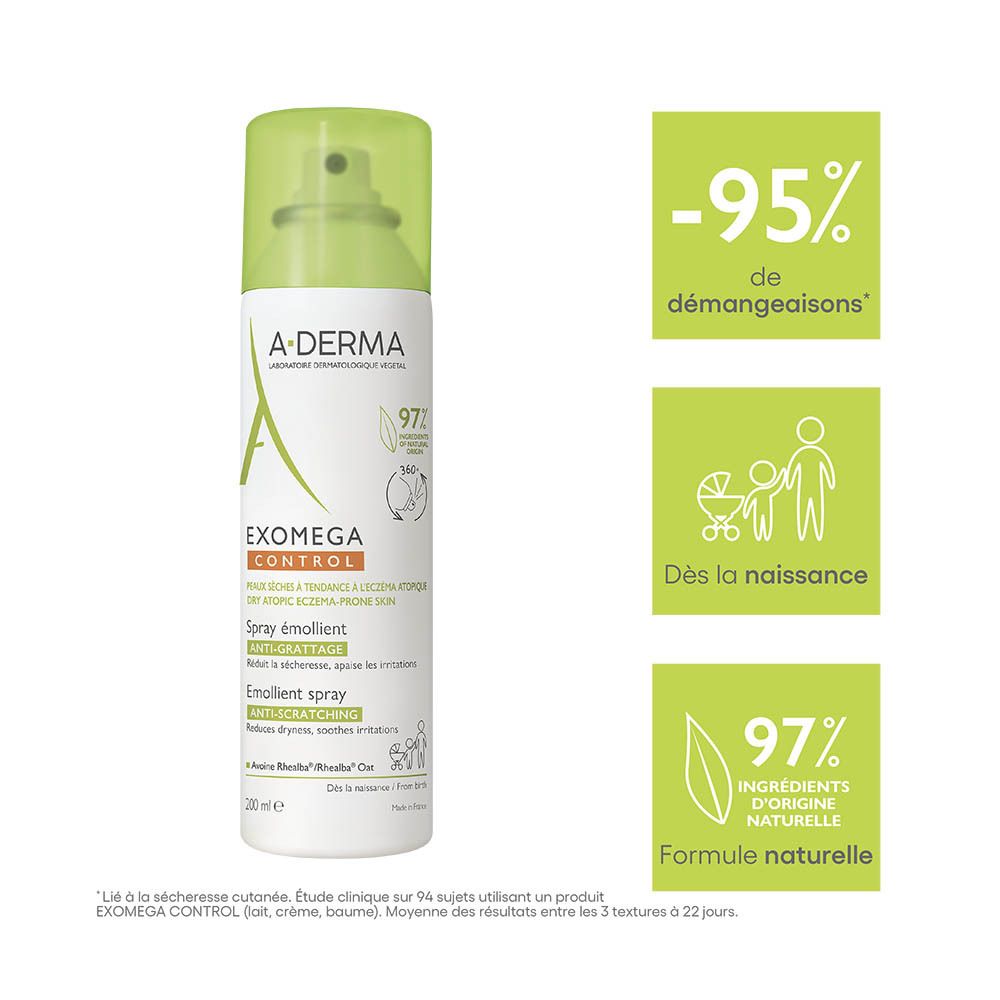 Spray A-DERMA EXOMEGA CONTROL. Flacon spray avec bouchon vert. Inscription: EXOMEGA CONTROL, anti-grattage, 97% naturel.