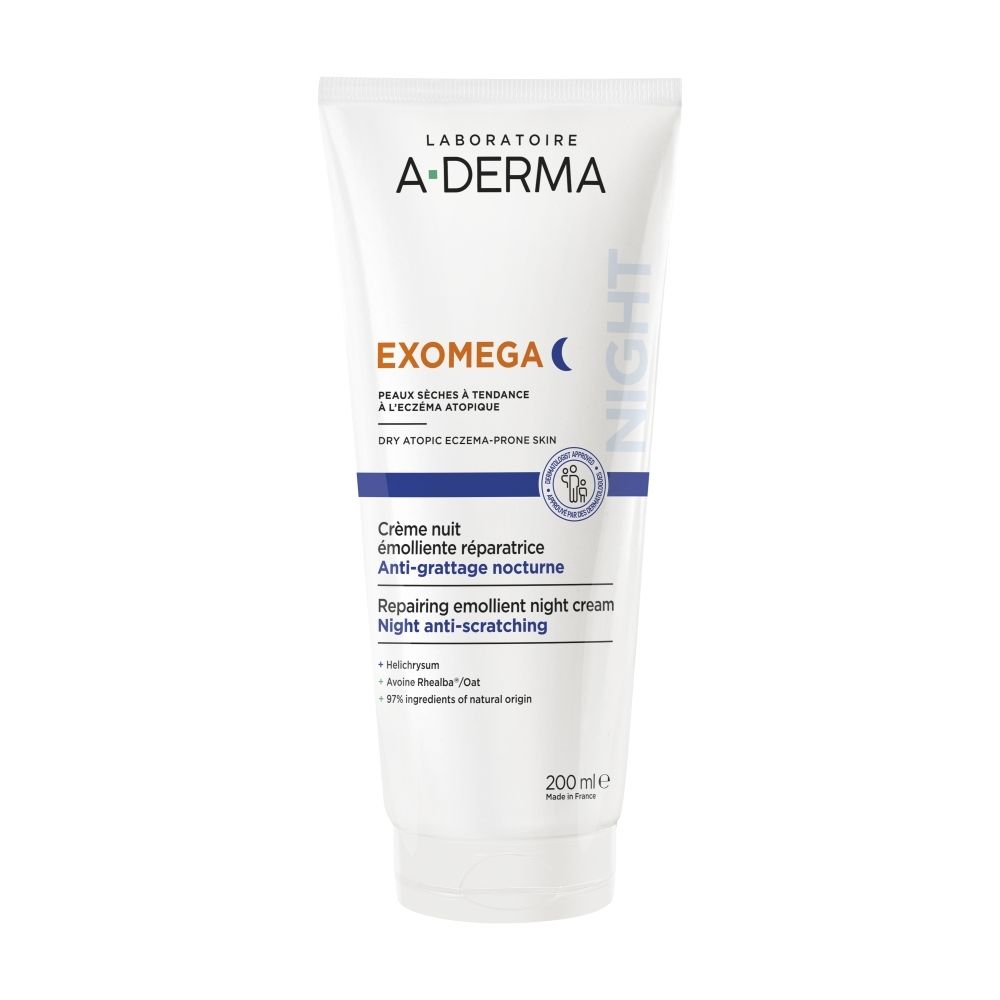 A-Derma Exomega Control reparierende Nachtcreme in einer weißen Tube.