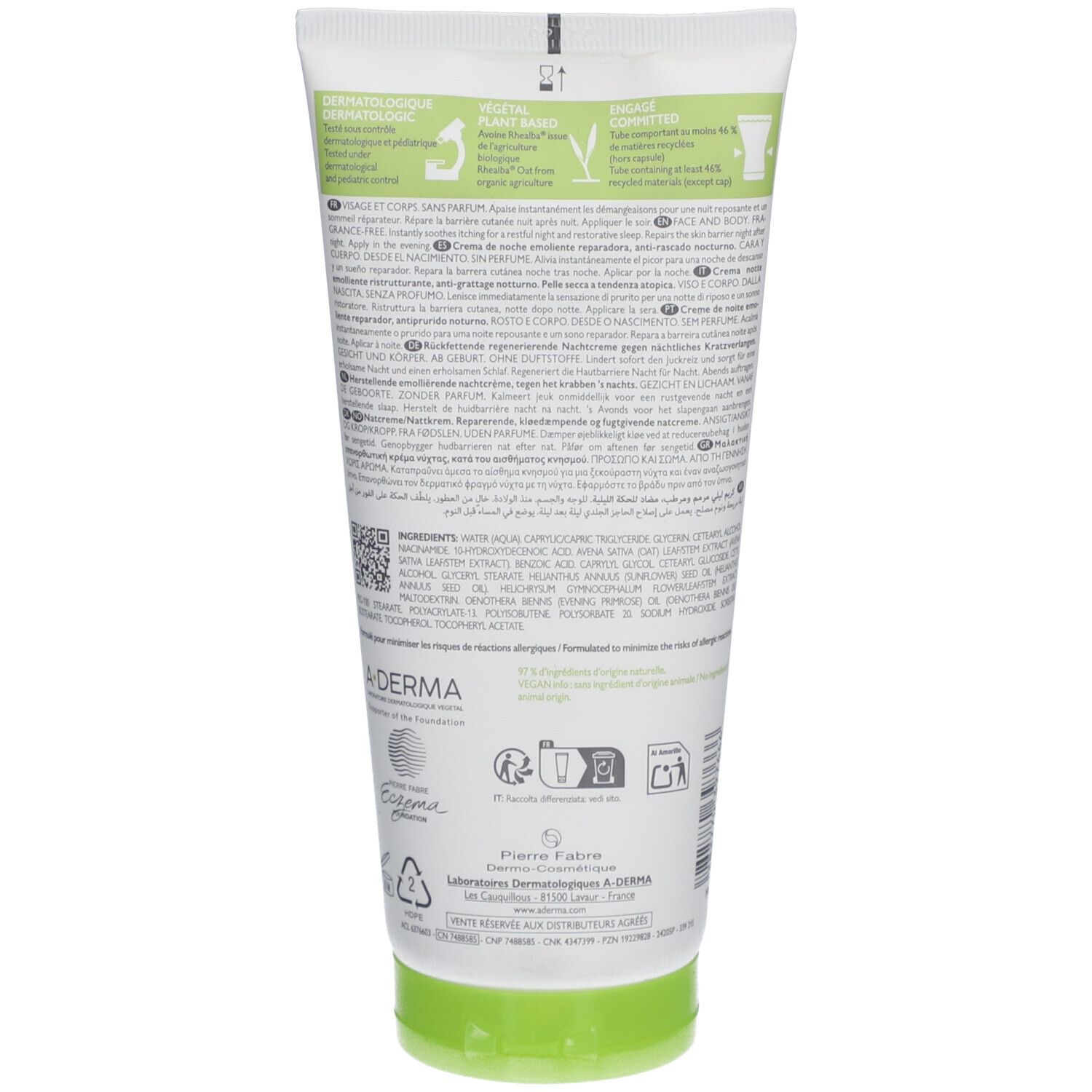Rückseite der A-Derma Tube. Text und Logos. Recycling-Symbole.