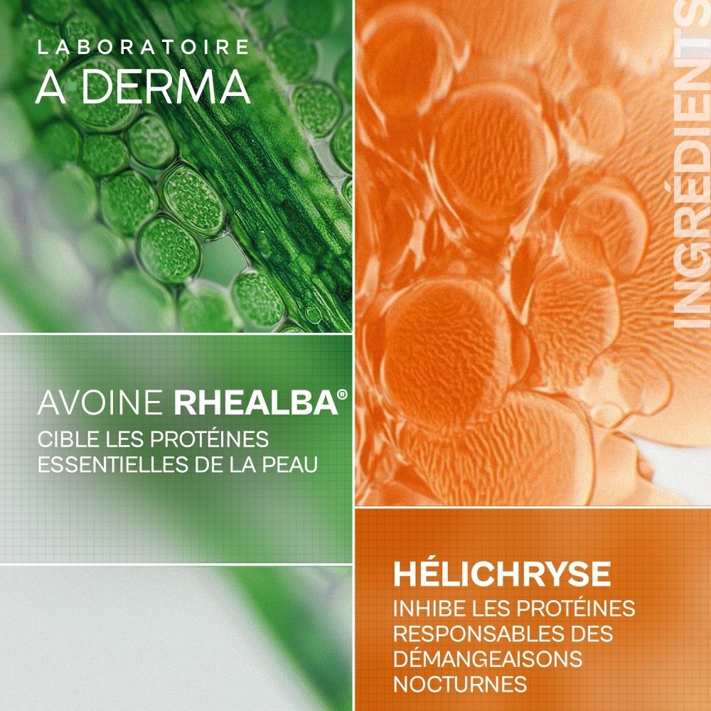 A-Derma: Rhealba Hafer beruhigt die Haut. Nahaufnahme von Hautzellen und Helichrysum-Extrakt.